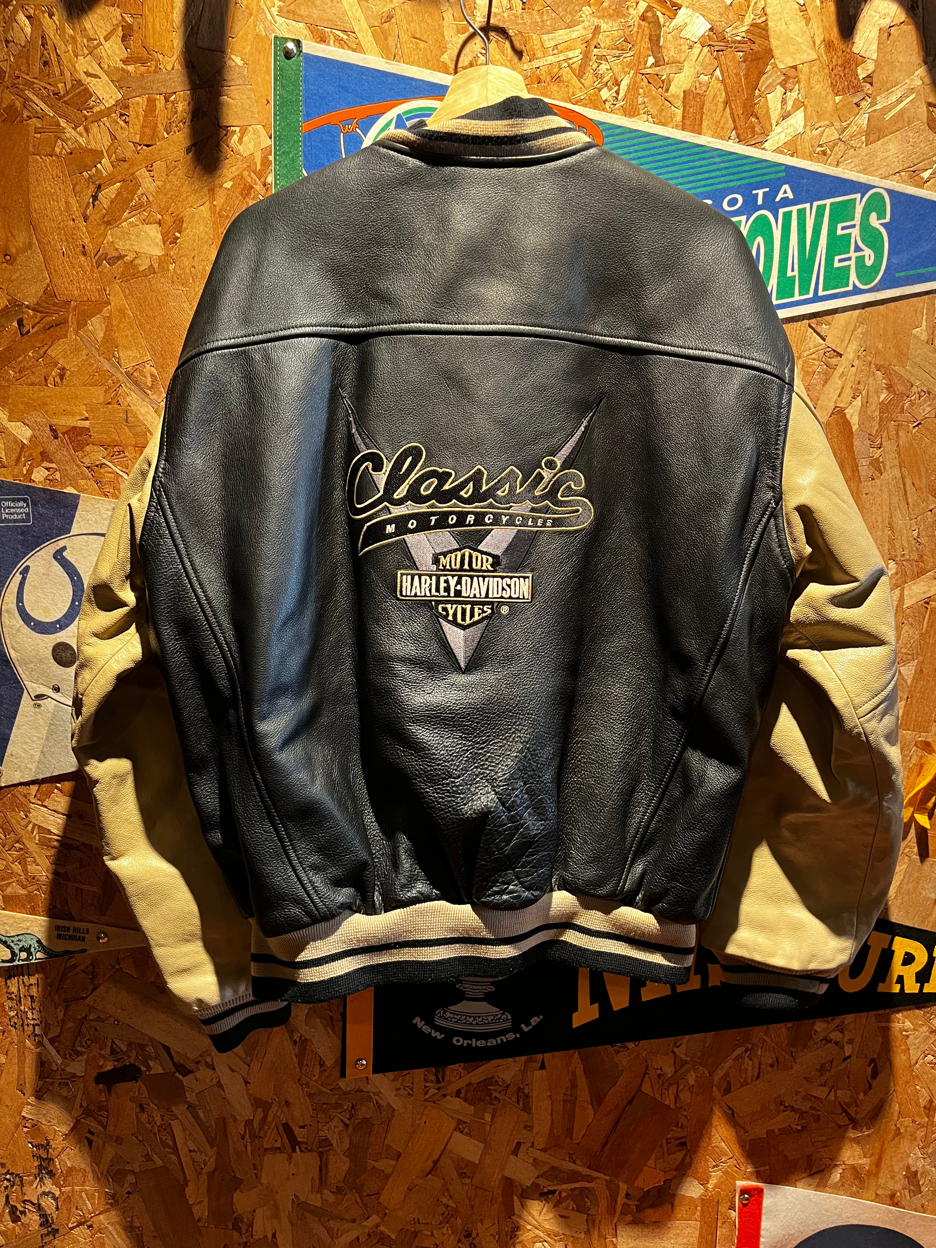 Vintage Harley Davidson Classic Motorcycle Varsity Bomber Leather Black Tan Jacket: Medium