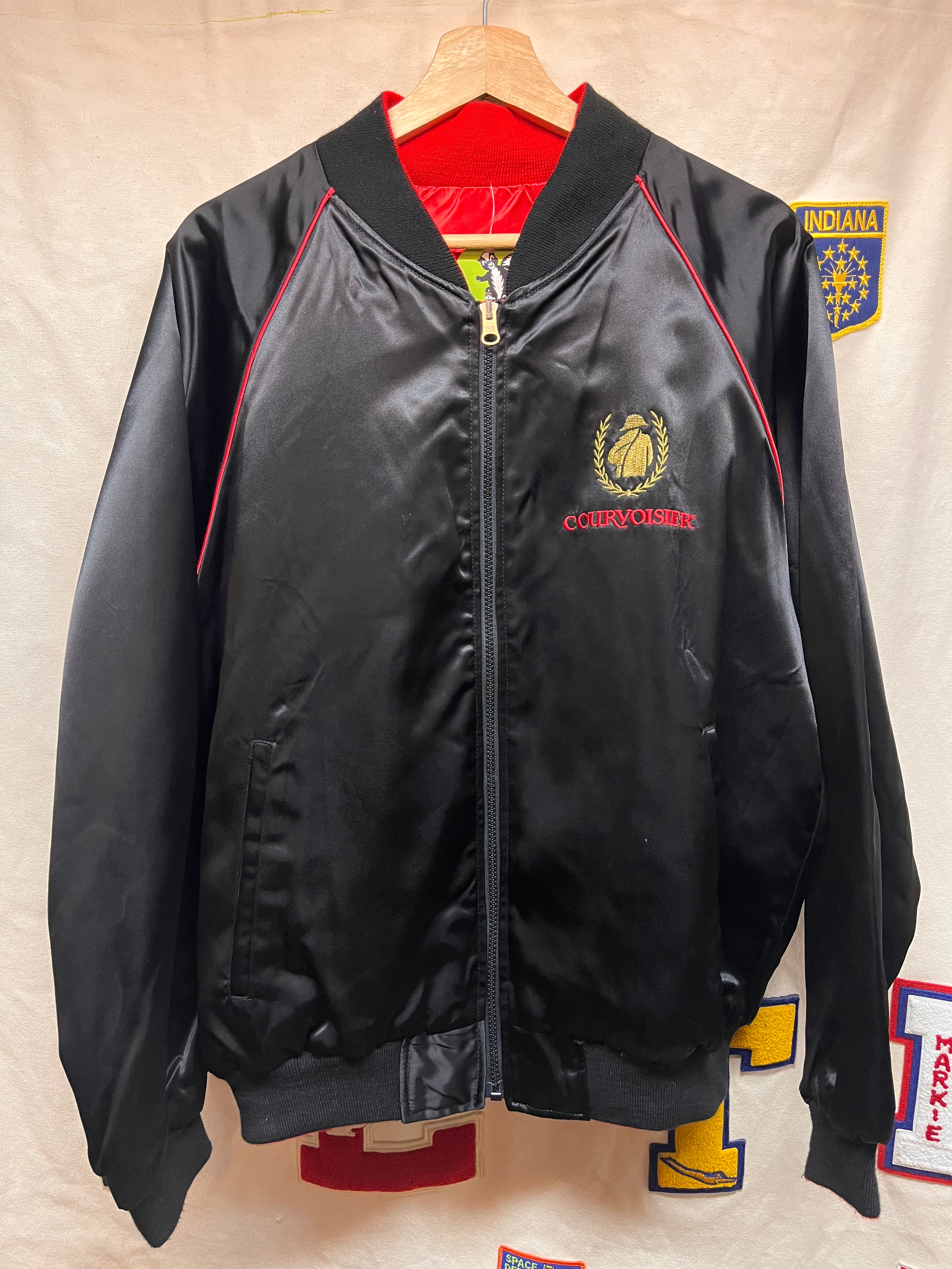 Vintage Courvoisier Le Cognac De Napoleon Alcohol Satin Reversible Black Red Zip Jacket: XL