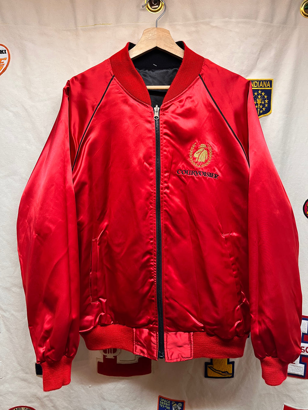 Vintage Courvoisier Le Cognac De Napoleon Alcohol Satin Reversible Black Red Zip Jacket: XL