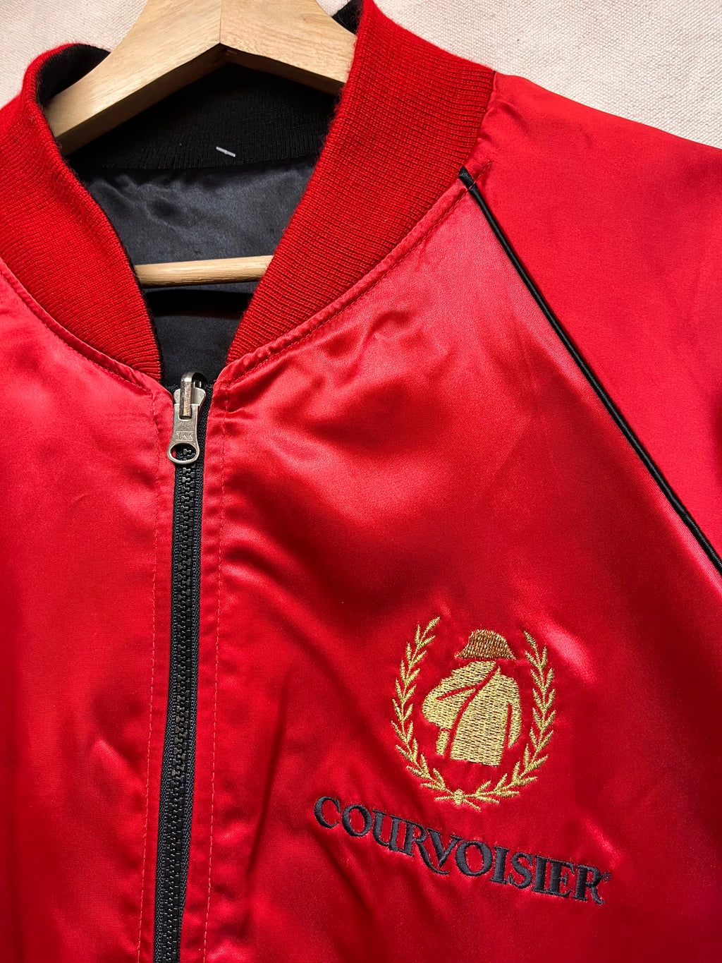 Vintage Courvoisier Le Cognac De Napoleon Alcohol Satin Reversible Black Red Zip Jacket: XL