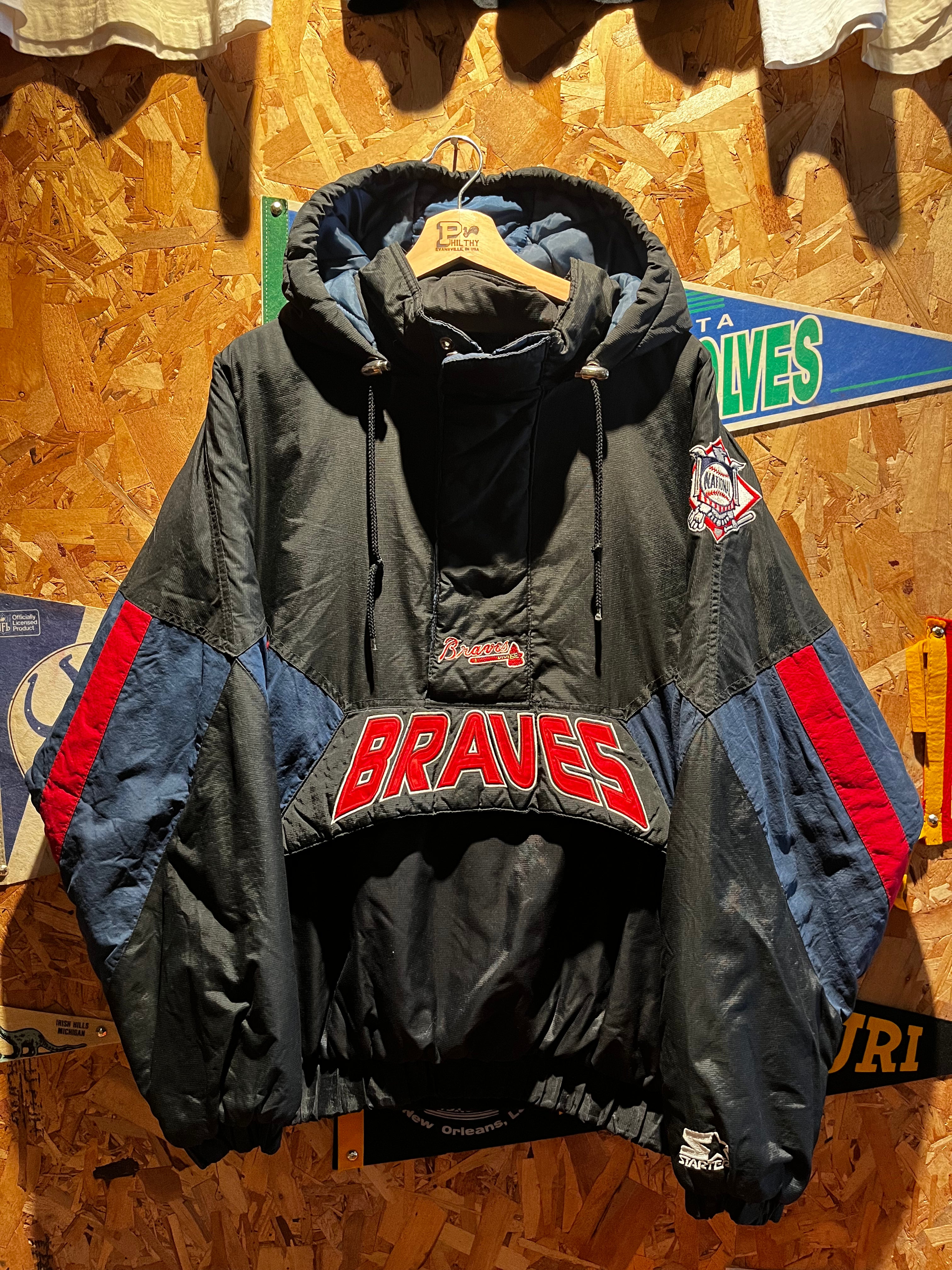 Vintage Atlanta Braves MLB Starter Half Zip Kangaroo Pocket Black Puffer Jacket: Large