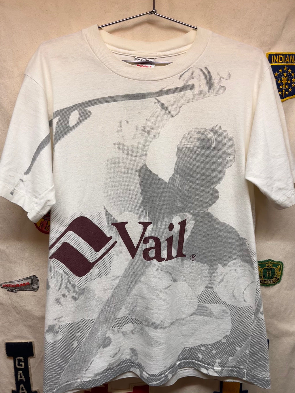 Vintage Vail Ski Resort All Over Print 90's Skier Oneita White T-Shirt: Large