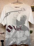 Vintage Vail Ski Resort All Over Print 90's Skier Oneita White T-Shirt: Large