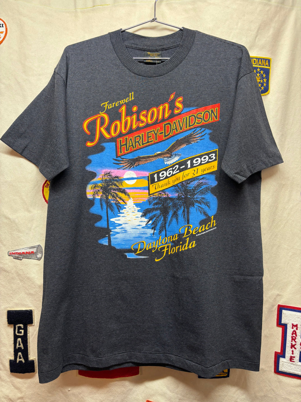 Vintage Striped Harley Davidson 1993 Daytona Beach Robison Florida Tennessee River T-Shirt: Large