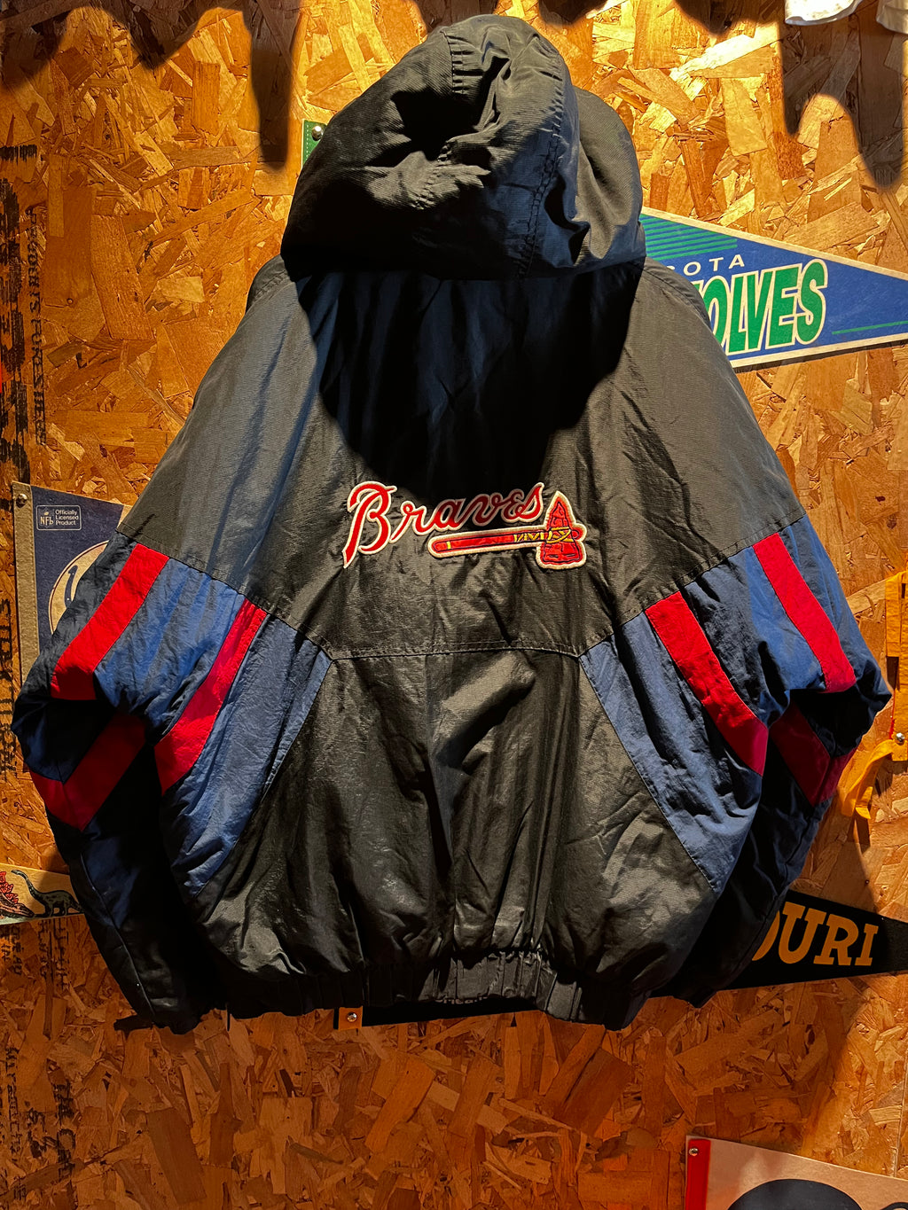 Vintage Atlanta Braves MLB Starter Half Zip Kangaroo Pocket Black Puffer Jacket: Large