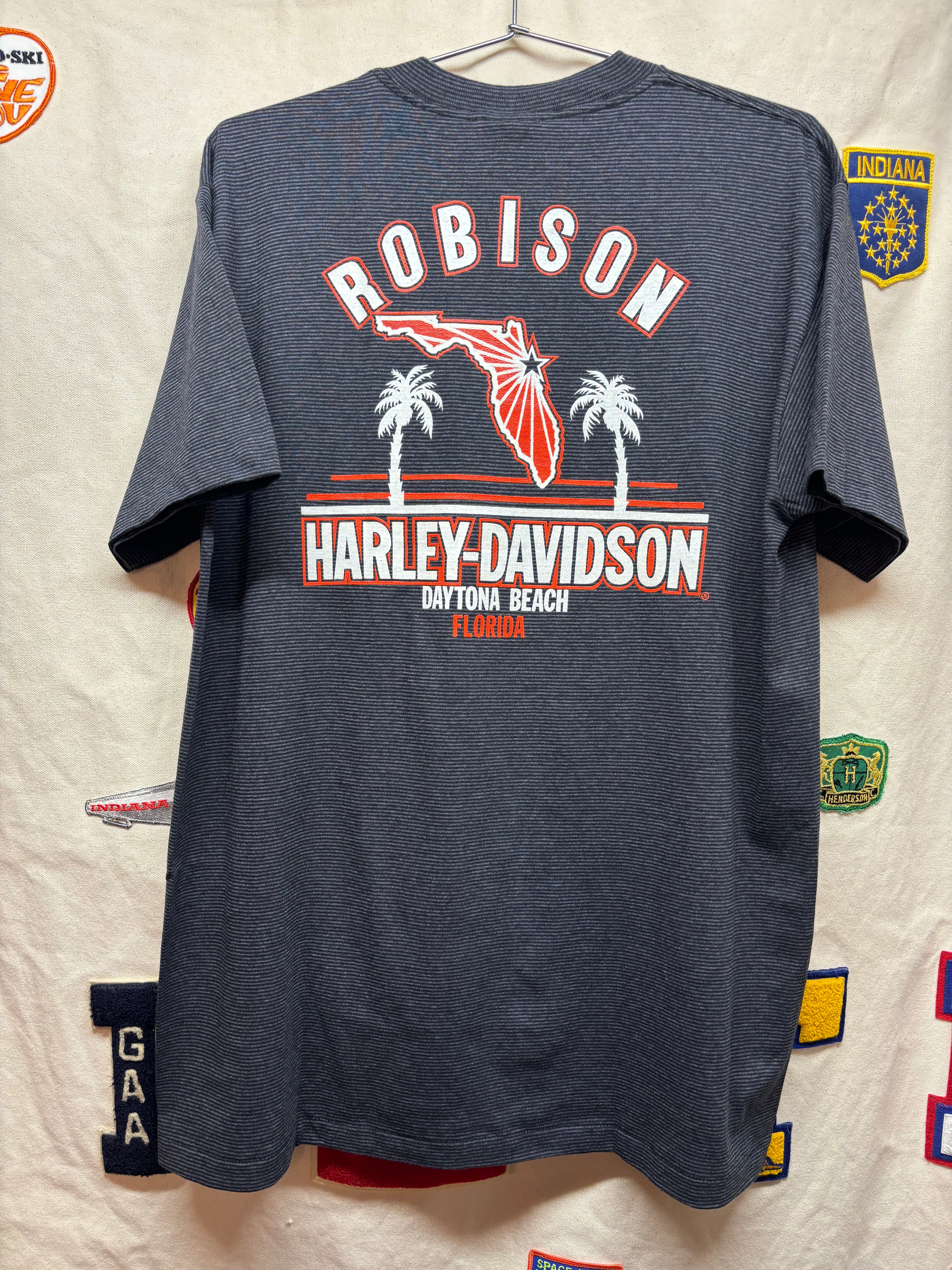 Vintage Striped Harley Davidson 1993 Daytona Beach Robison Florida Tennessee River T-Shirt: Large