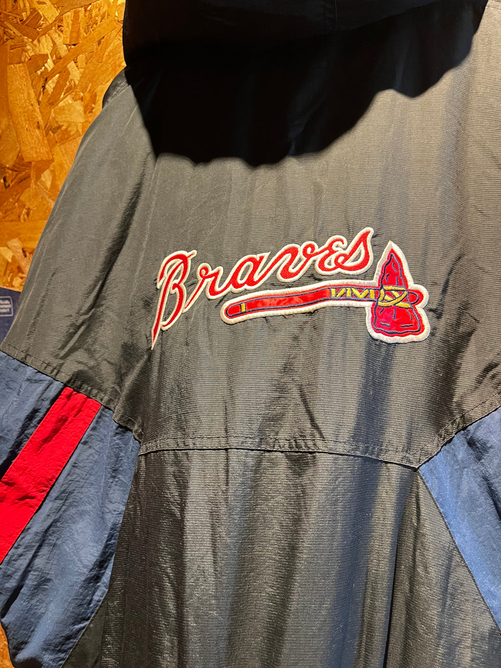 Vintage Atlanta Braves MLB Starter Half Zip Kangaroo Pocket Black Puffer Jacket: Large