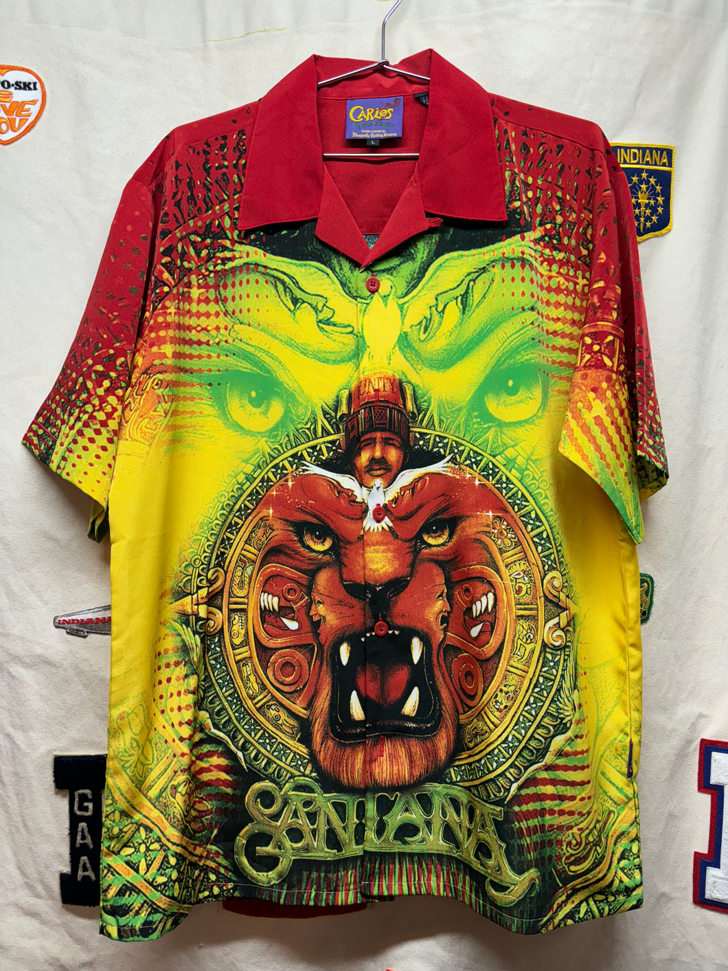 Vintage Carlos Santana Dragonfly Tiger Yellow Red Button Up Shirt: Large/XL