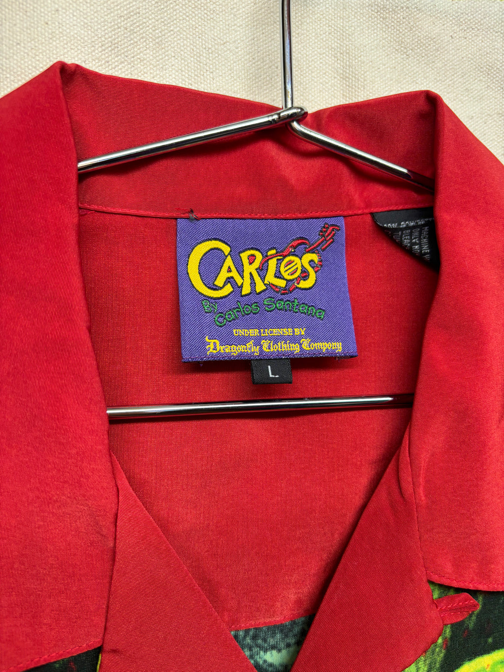 Vintage Carlos Santana Dragonfly Tiger Yellow Red Button Up Shirt: Large/XL