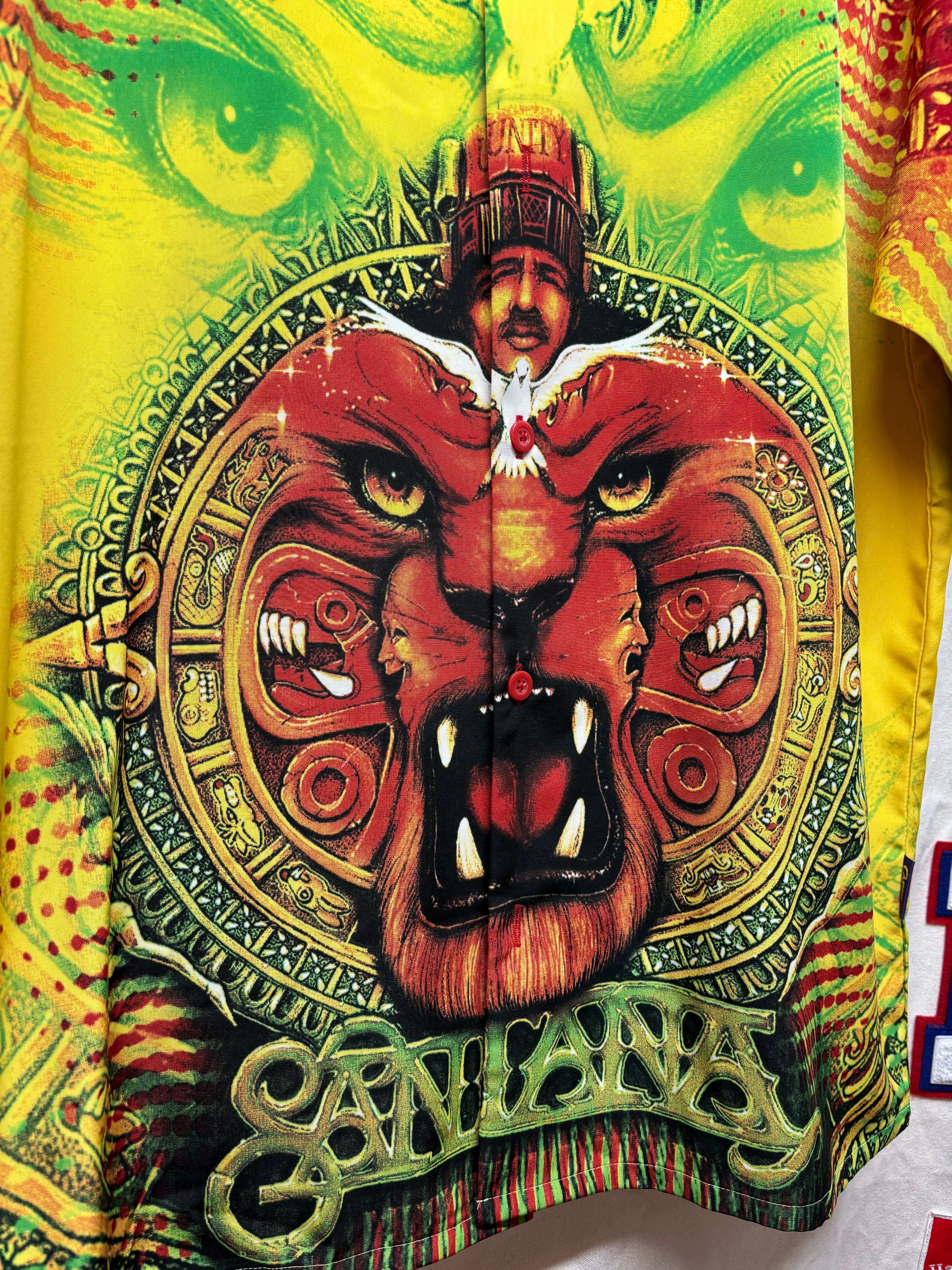 Vintage Carlos Santana Dragonfly Tiger Yellow Red Button Up Shirt: Large/XL