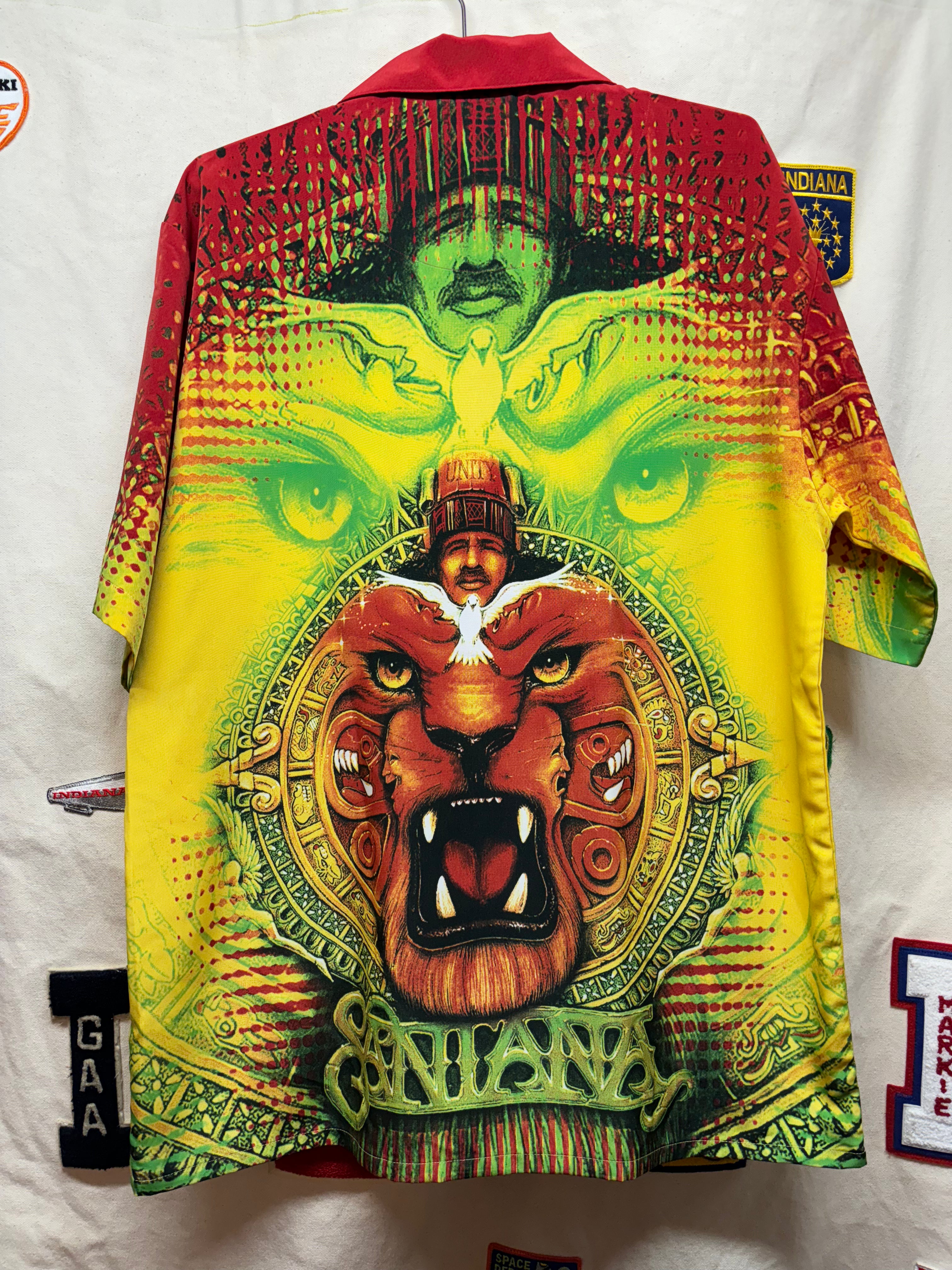 Vintage Carlos Santana Dragonfly Tiger Yellow Red Button Up Shirt: Large/XL