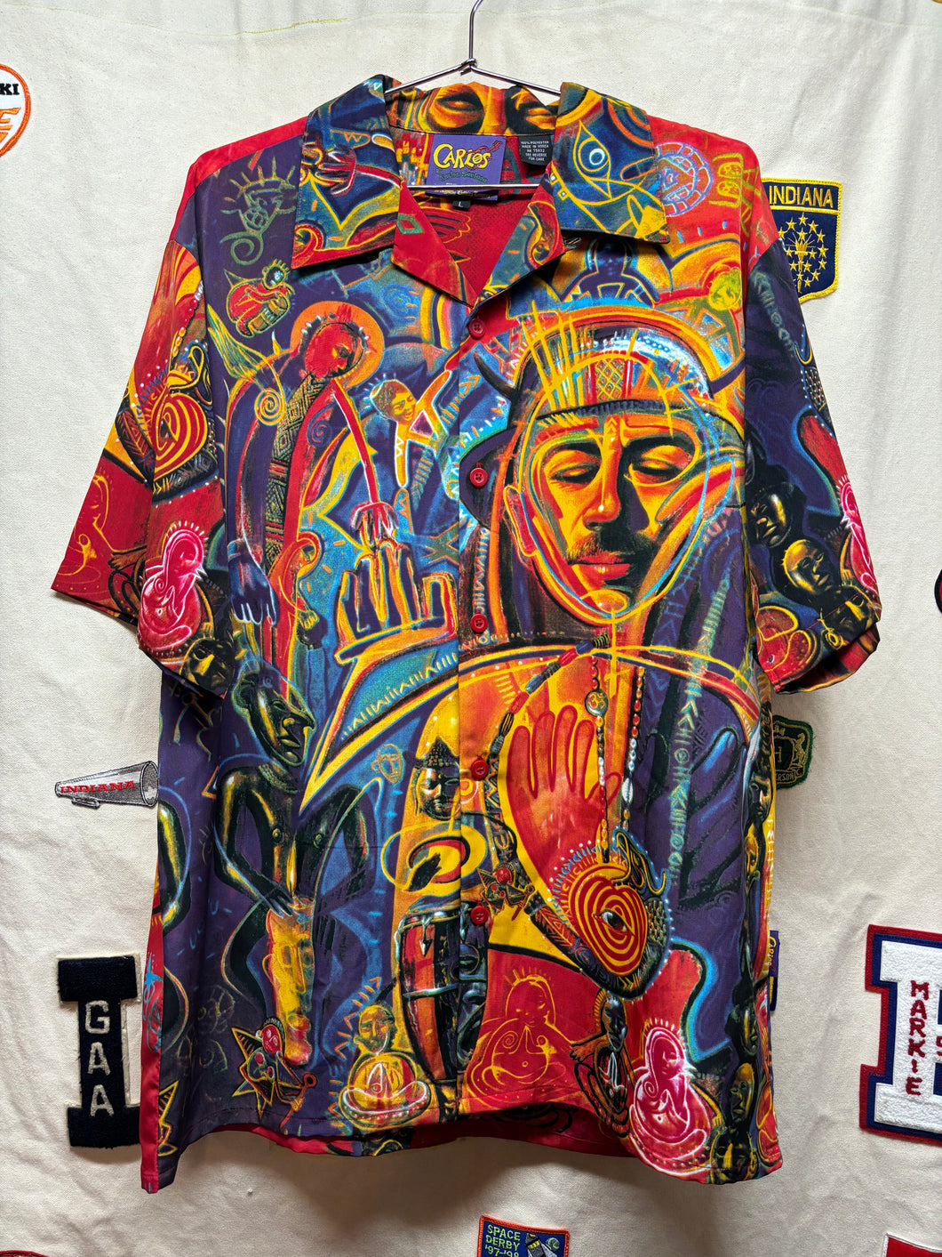 Vintage Carlos Santana Dragonfly Abstract Art Print Red Button Up Shirt: Large/XL