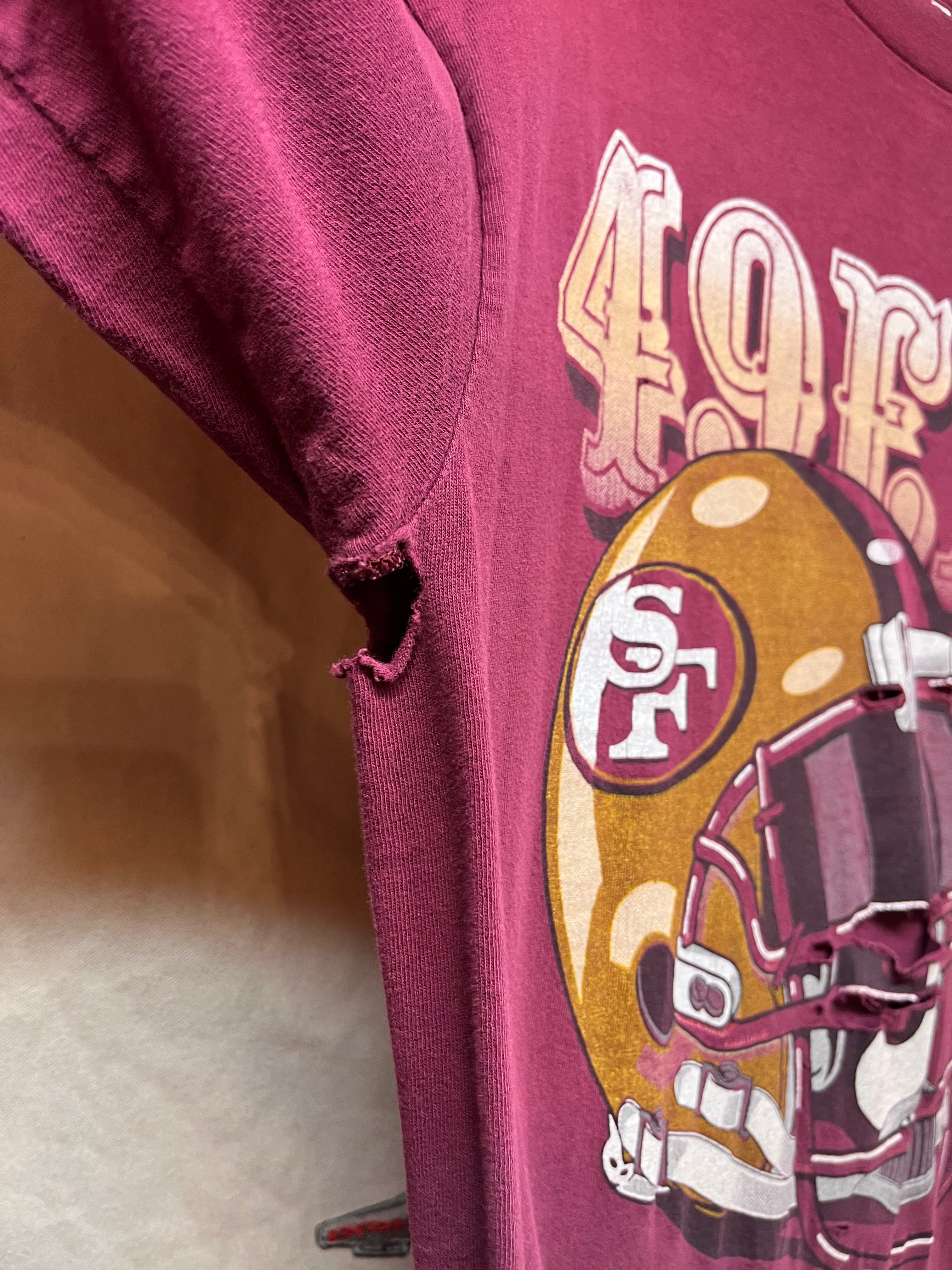 Vintage San Francisco 49ers Helmet 1996 Maroon Distressed T-Shirt: XL