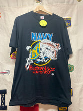 Load image into Gallery viewer, Vintage &quot;Budweiser Salutes You&quot; Navy Goat Print 80&#39;s T-Shirt: XL
