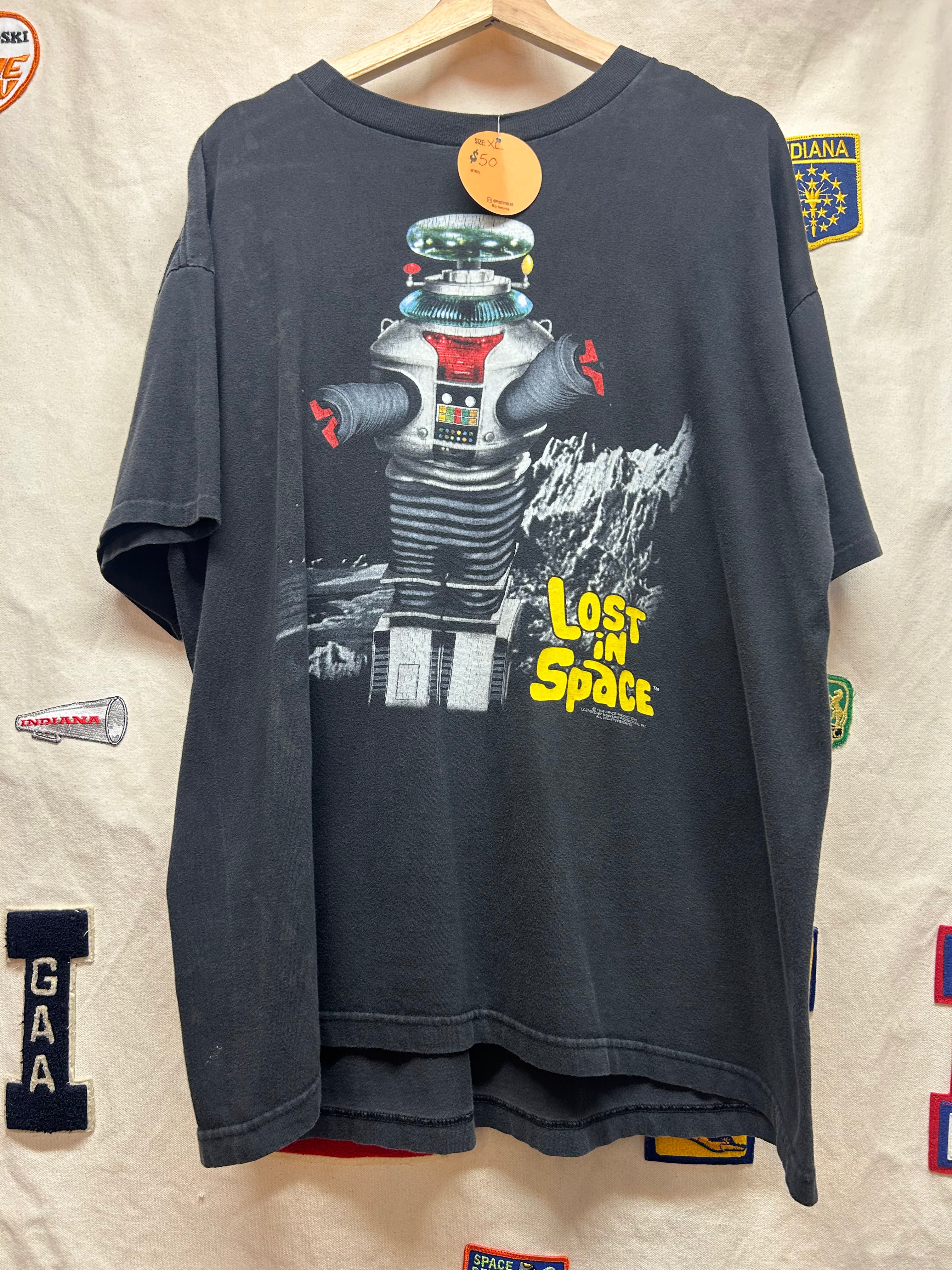 Vintage Lost In Space Movie Promo Robot 90s Toy Print Black T-Shirt: XL