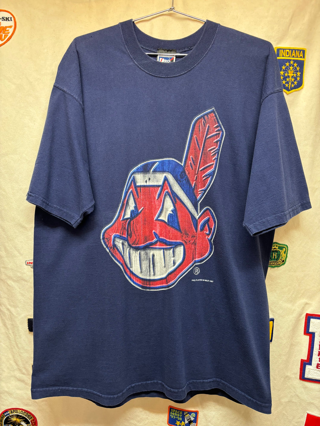 Vintage Cleveland Indians Big Face Chief Wahoo 1997 MLB Pro Player Navy T-Shirt: XL