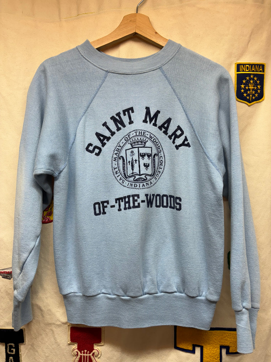 Vintage 70's Saint Mary of The Woods Light Blue Raglan Flocked Crewneck Sweatshirt: Small