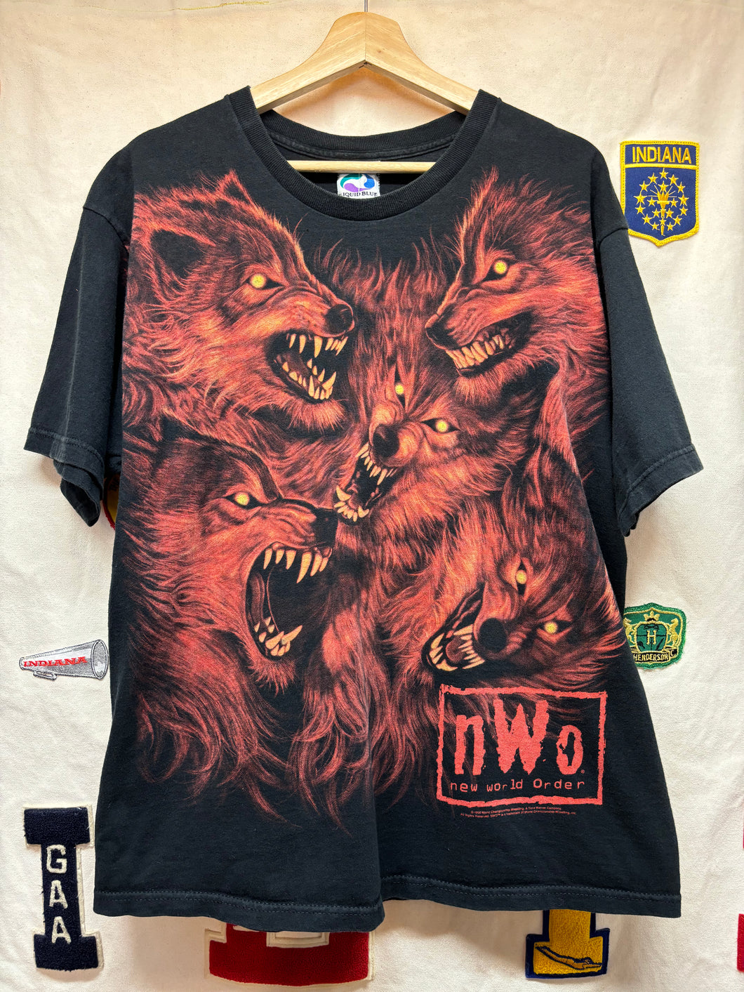 Vintage NWO Wrestling Wolfpack Wolves 90s Liquid Blue All Over Print T-Shirt: Large