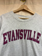 Load image into Gallery viewer, Vintage Evansville Indiana University Arch Spellout Purple Aces Gray T-Shirt: XL
