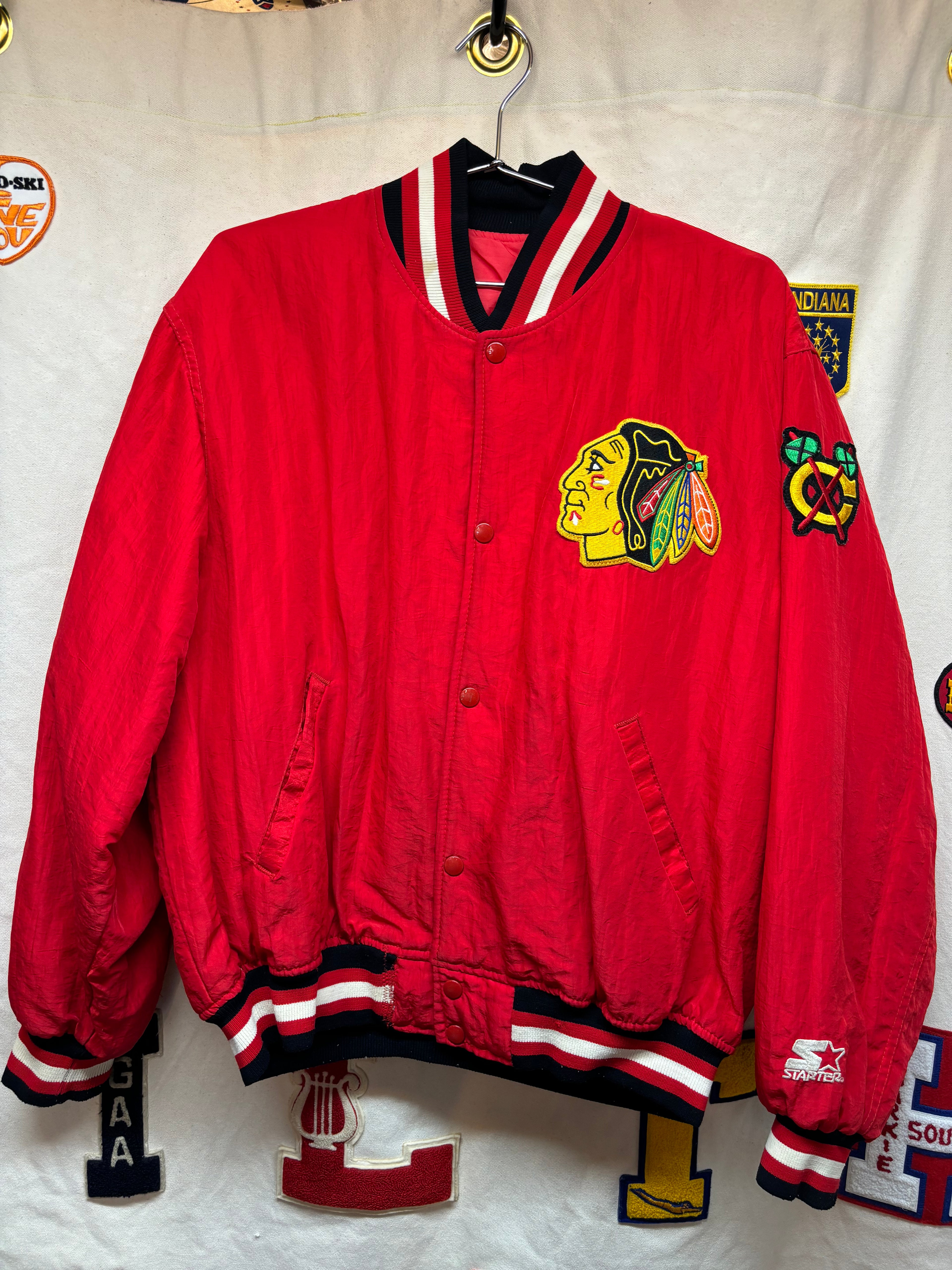 Vintage Starter Chicago Blackhawks NHL Red Nylon Snap Jacket: Large