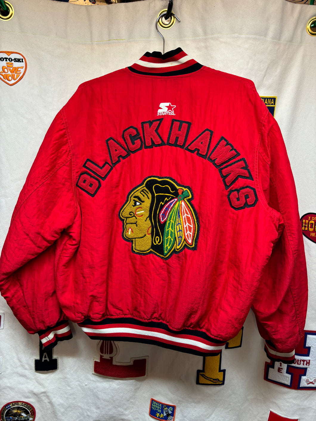 Vintage Starter Chicago Blackhawks NHL Red Nylon Snap Jacket: Large