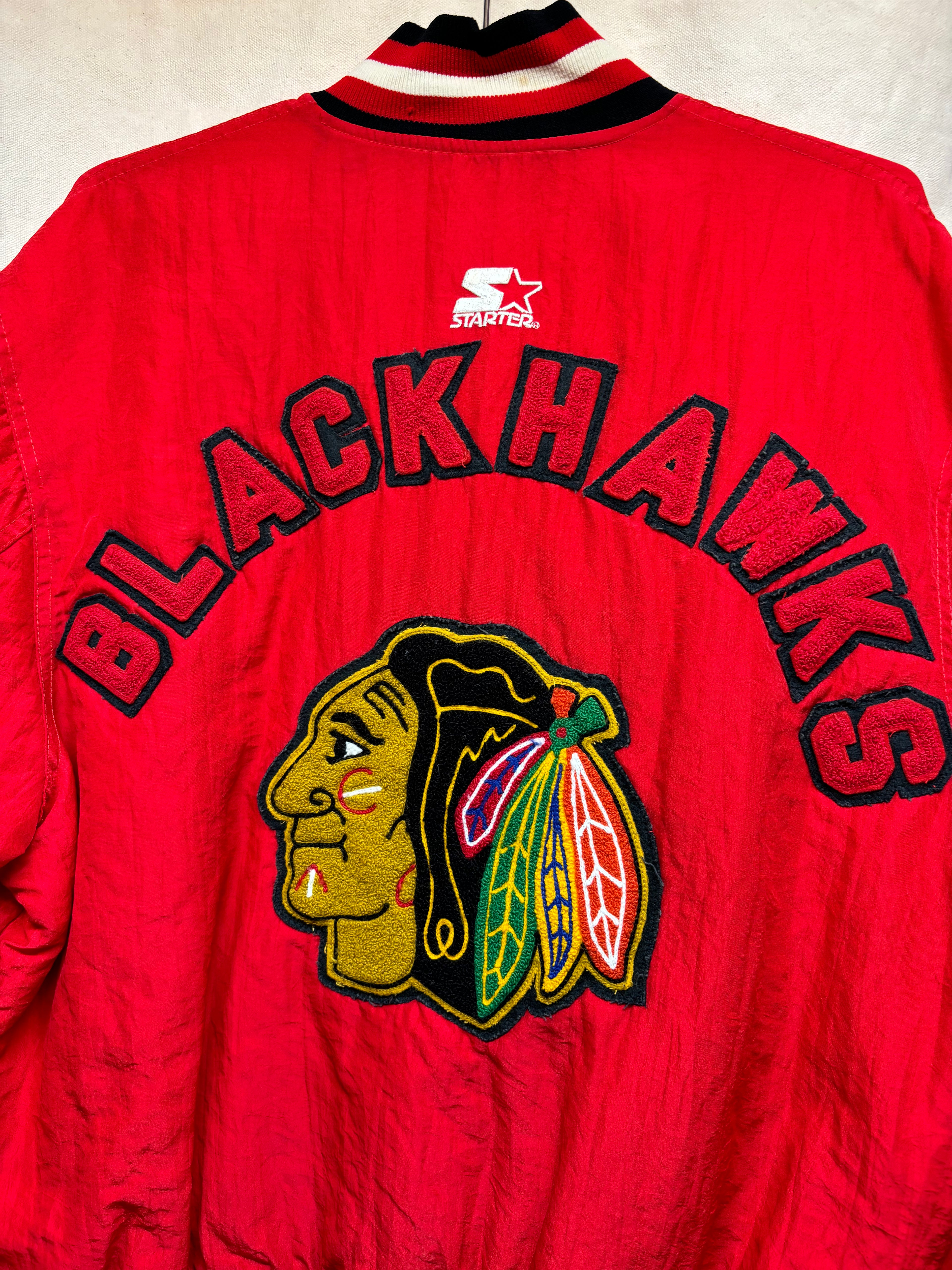 Vintage Starter Chicago Blackhawks NHL Red Nylon Snap Jacket: Large