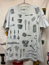 Load image into Gallery viewer, Vintage Rel-e-vant All Over Print Kitchen Utensils Grey T-Shirt: Large
