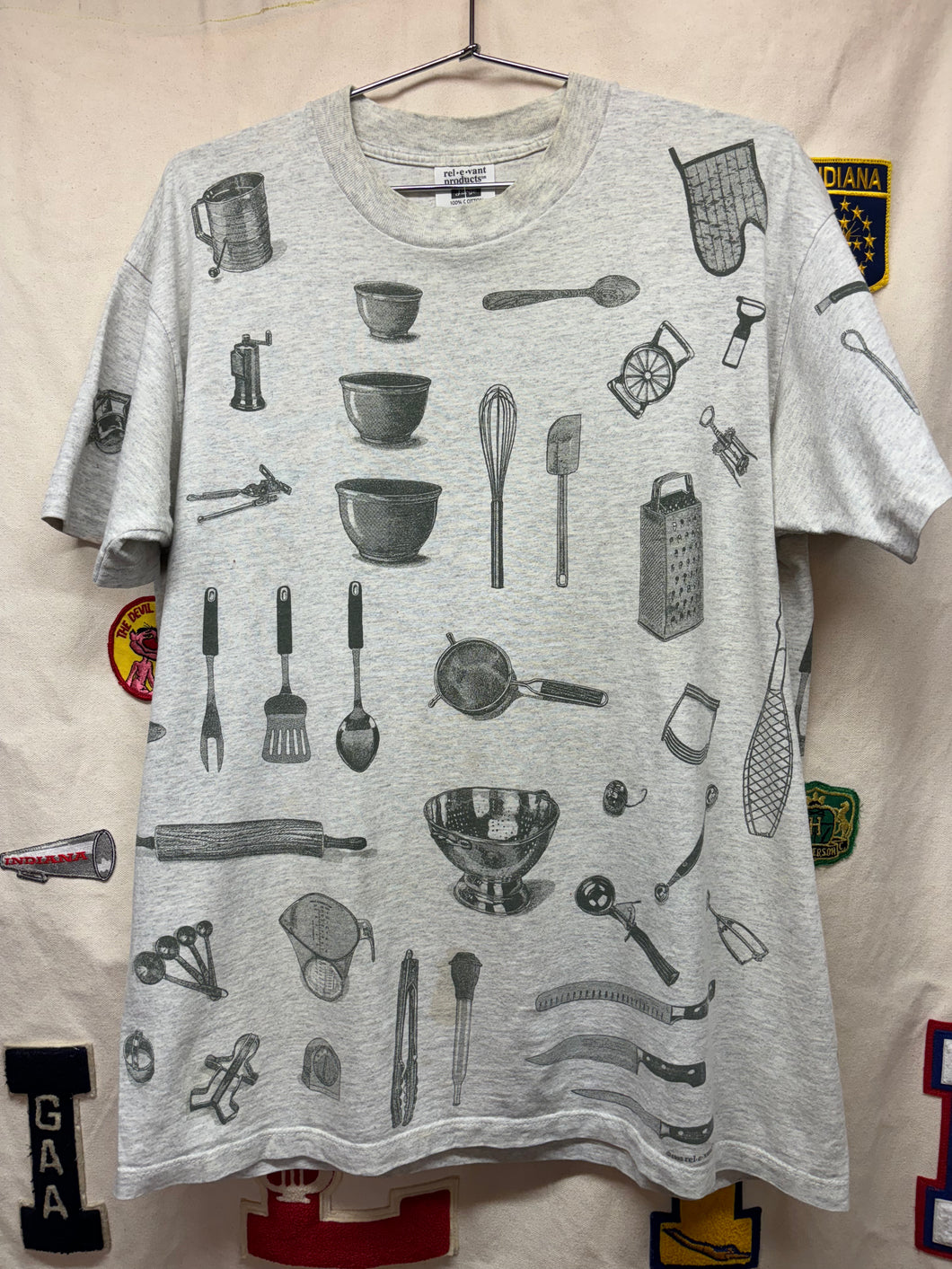 Vintage Rel-e-vant All Over Print Kitchen Utensils Grey T-Shirt: Large