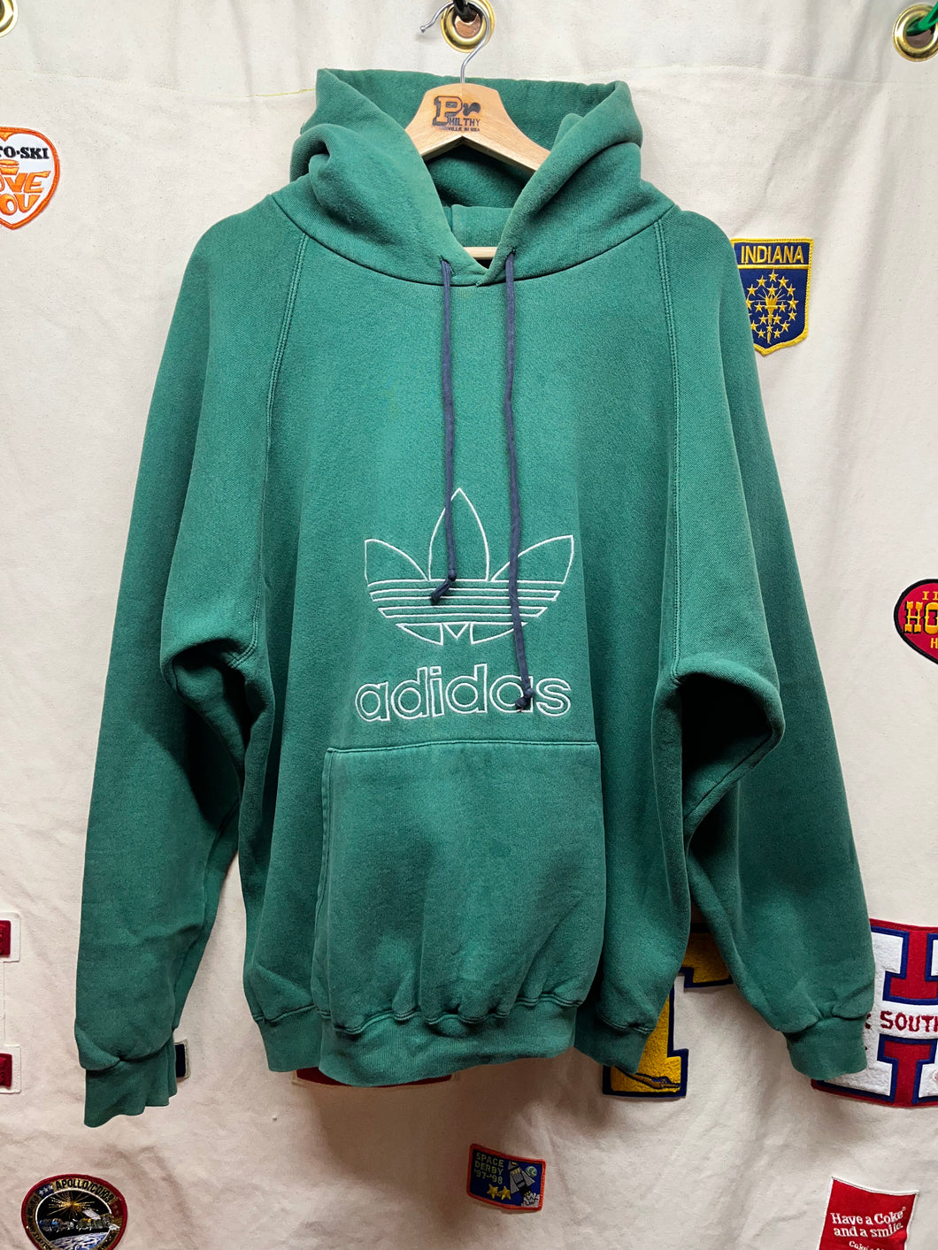 Vintage Adidas Dark Green Trefoil Embroidered Hoodie Sweatshirt: Large