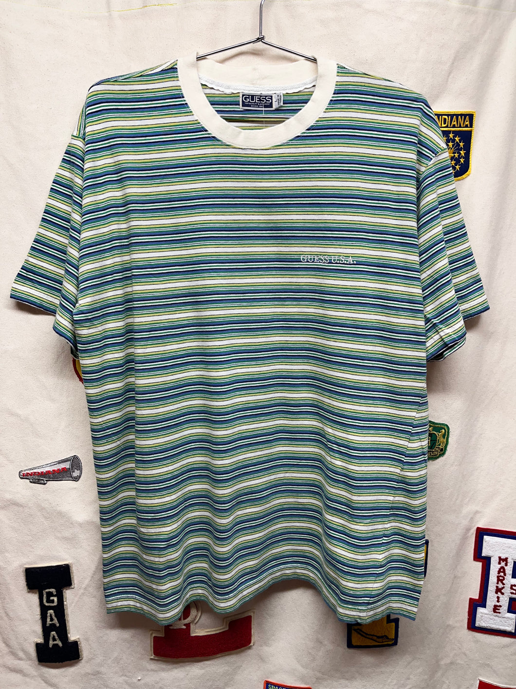 Vintage Guess USA Embroidered Stripe Green/Blue/White 90's T-Shirt: Large