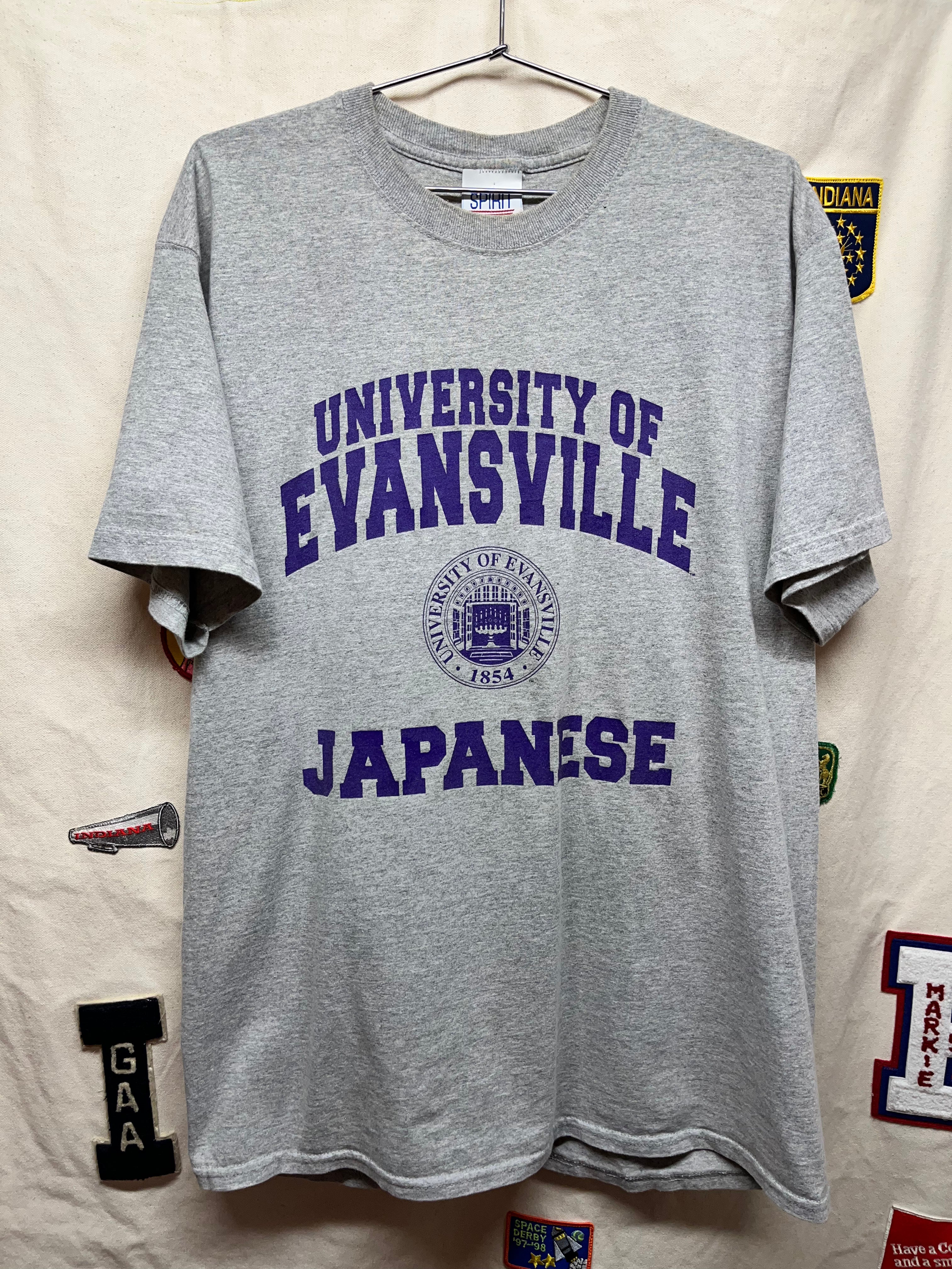 Vintage University of Evansville Aces UE Grey Japanese Crest Spirit Sportswear T-Shirt: XL