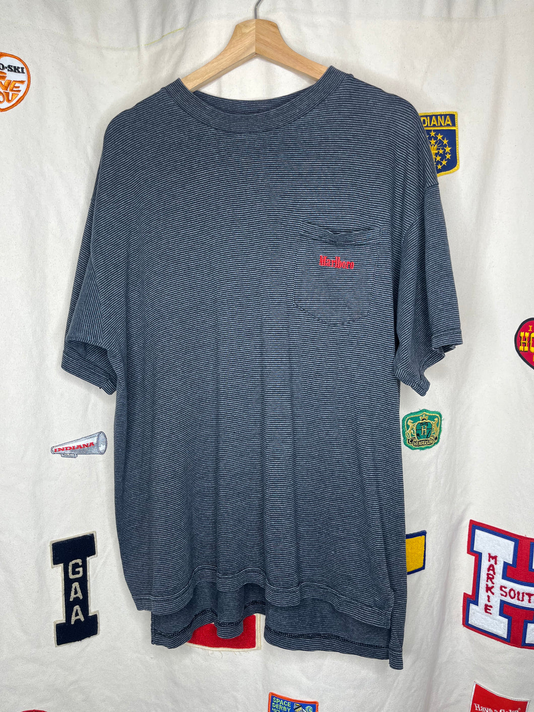 Vintage Marlboro Cigarette Grey Striped Embroidered Pocket T-Shirt: L/XL