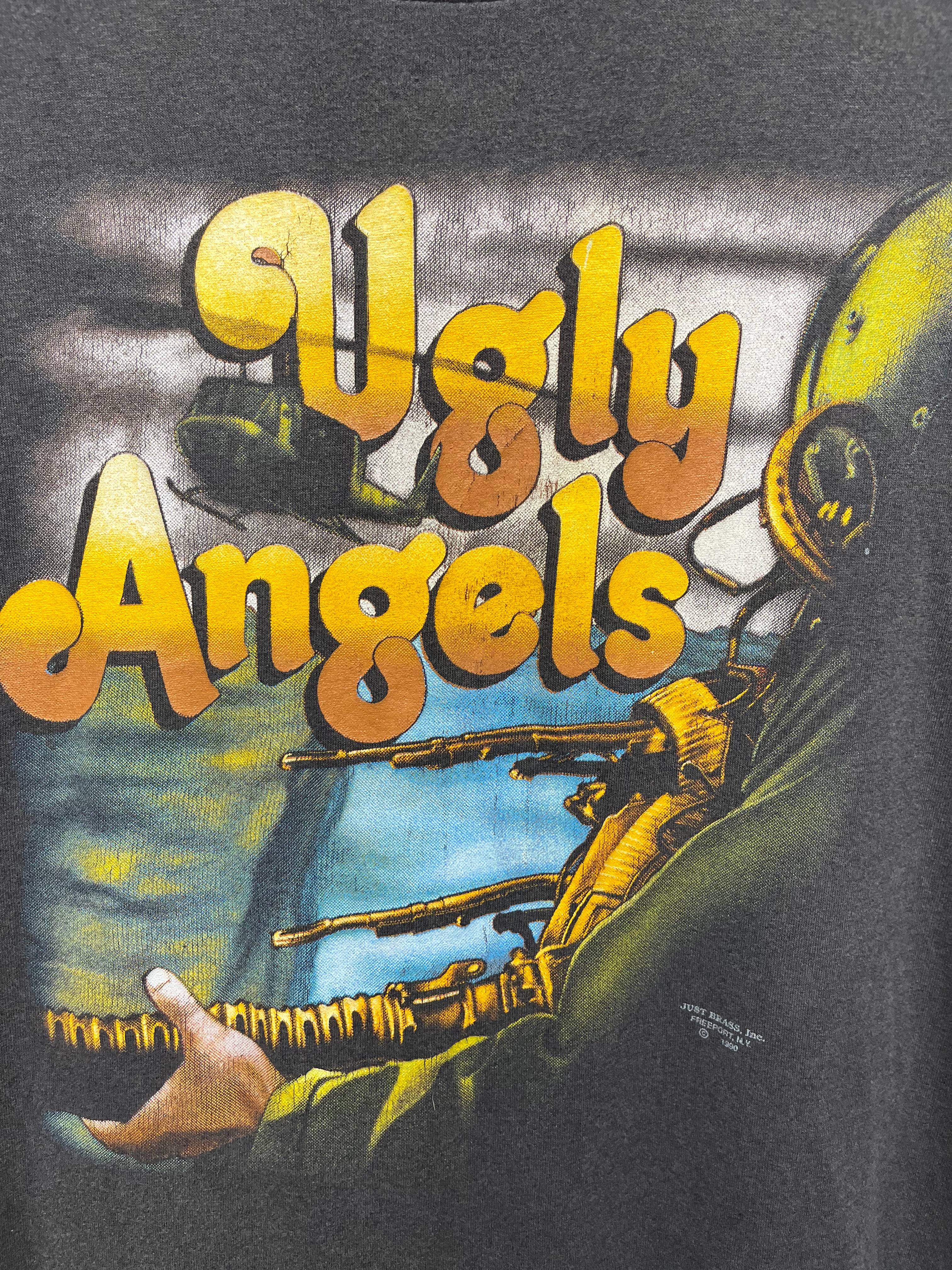 Vintage Ugly Angels Military Gunner 3D Emblem Just Brass Black T-Shirt: XL