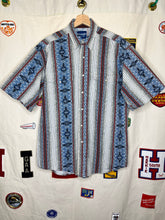 Load image into Gallery viewer, Vintage Wrangler Short Sleeve Pearl Snap Blue Aztec Shirt: L/XL
