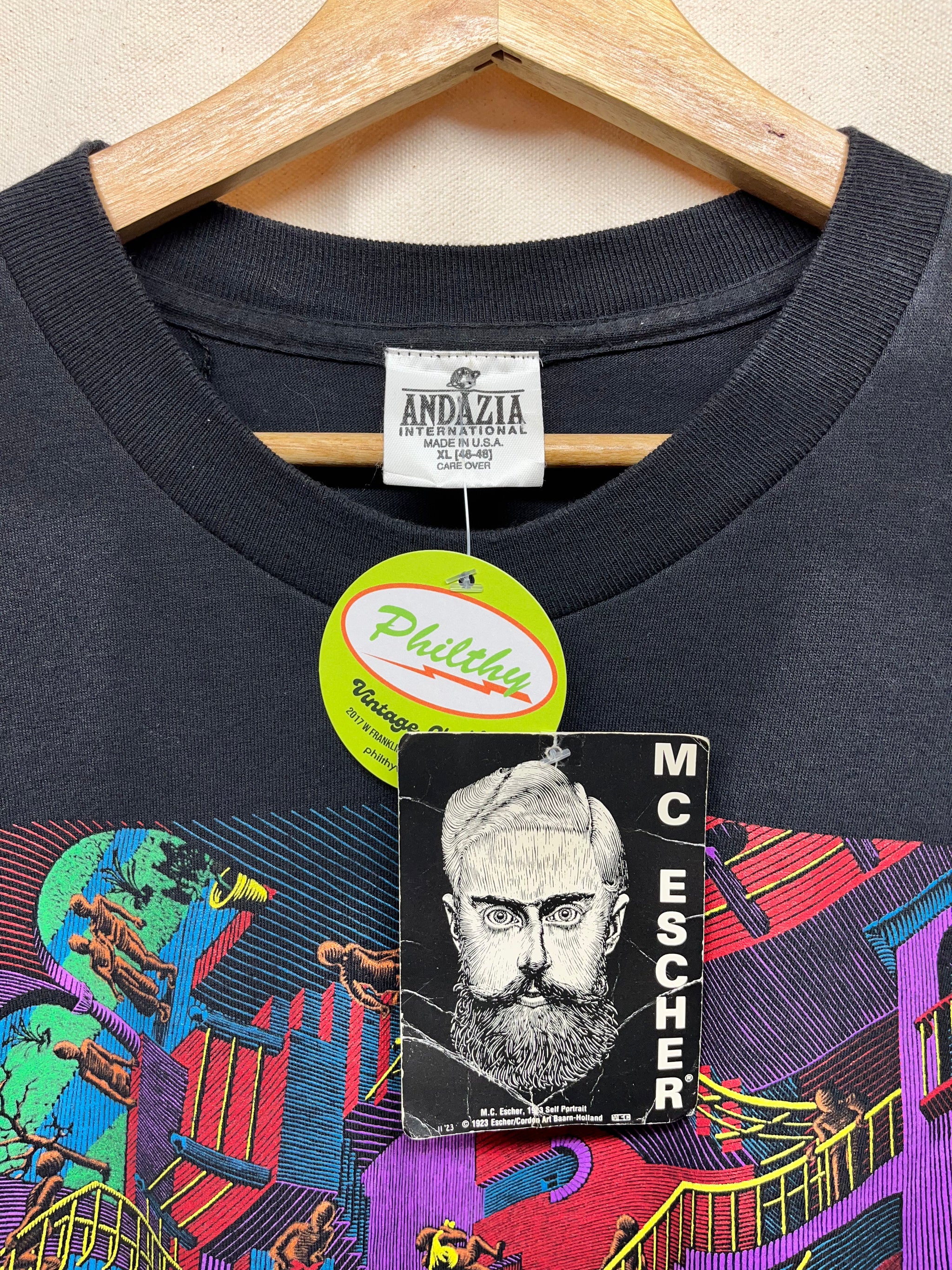 Vintage Andazia MC Escher Tee T-Shirt AOP Abstract Art Size