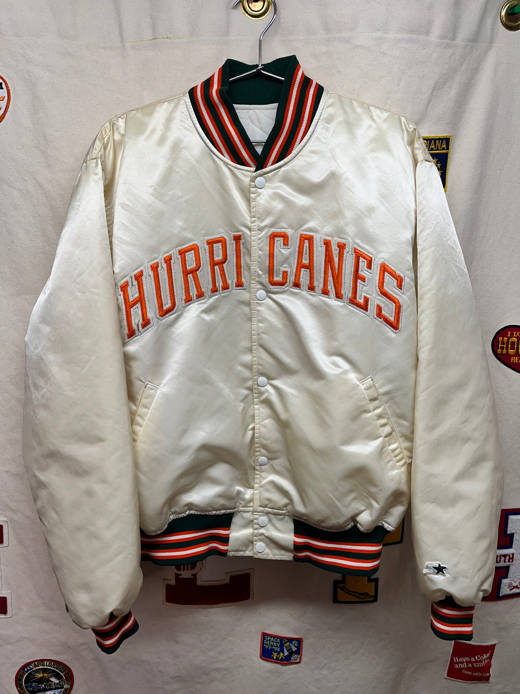 Vintage University of Miami Hurricanes White Satin Starter Jacket: XL