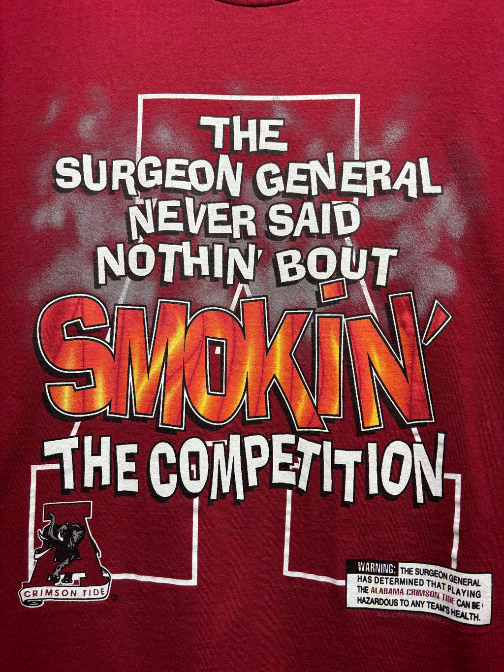 Vintage University of Alabama Crimson Tide Elephants Smokin the Competition Surgeon General Warning T-Shirt: Large
