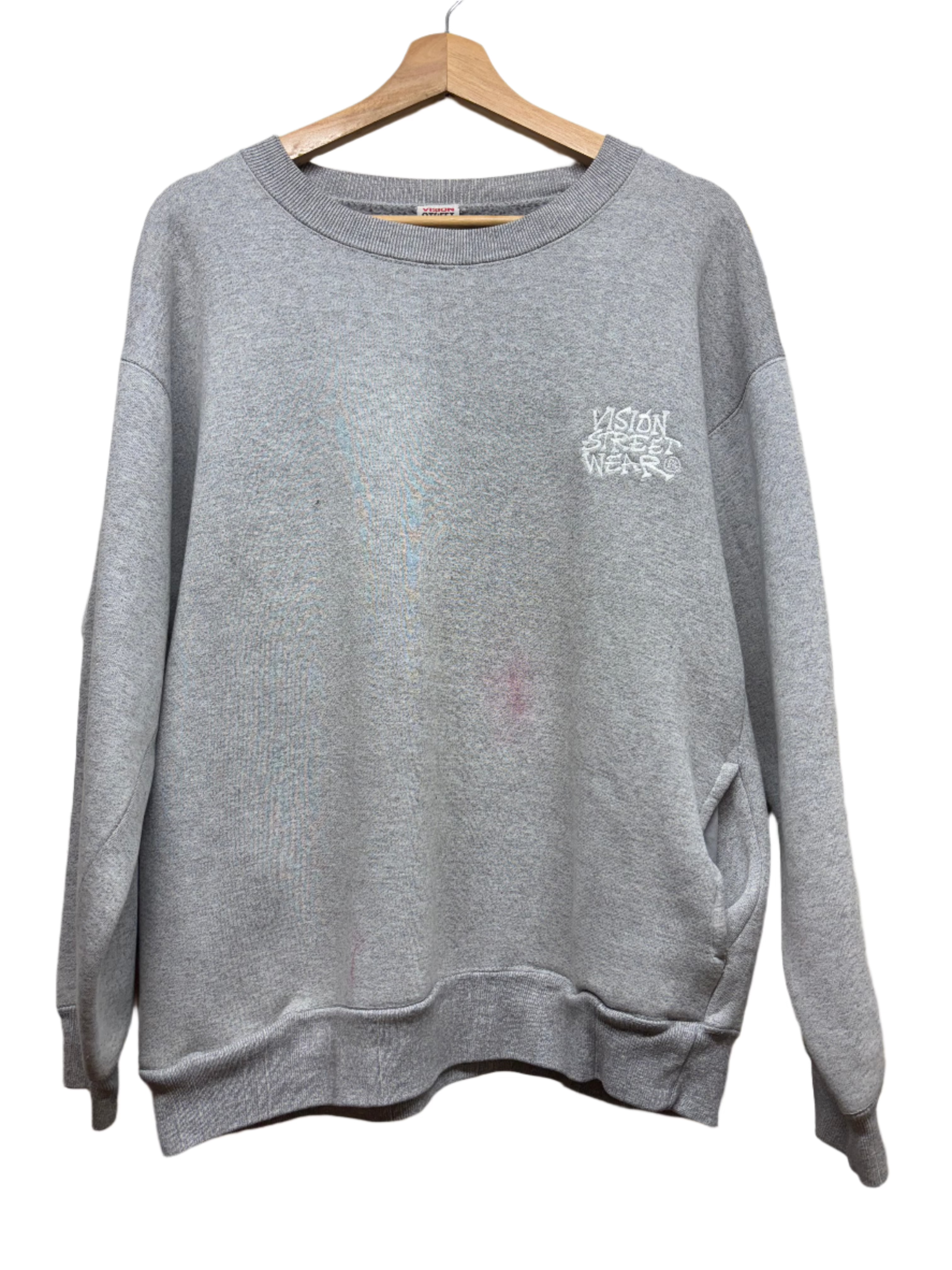 Vintage Vision Streetwear 90's Grey Crewneck Pockets Embroidered Sweatshirt: Large