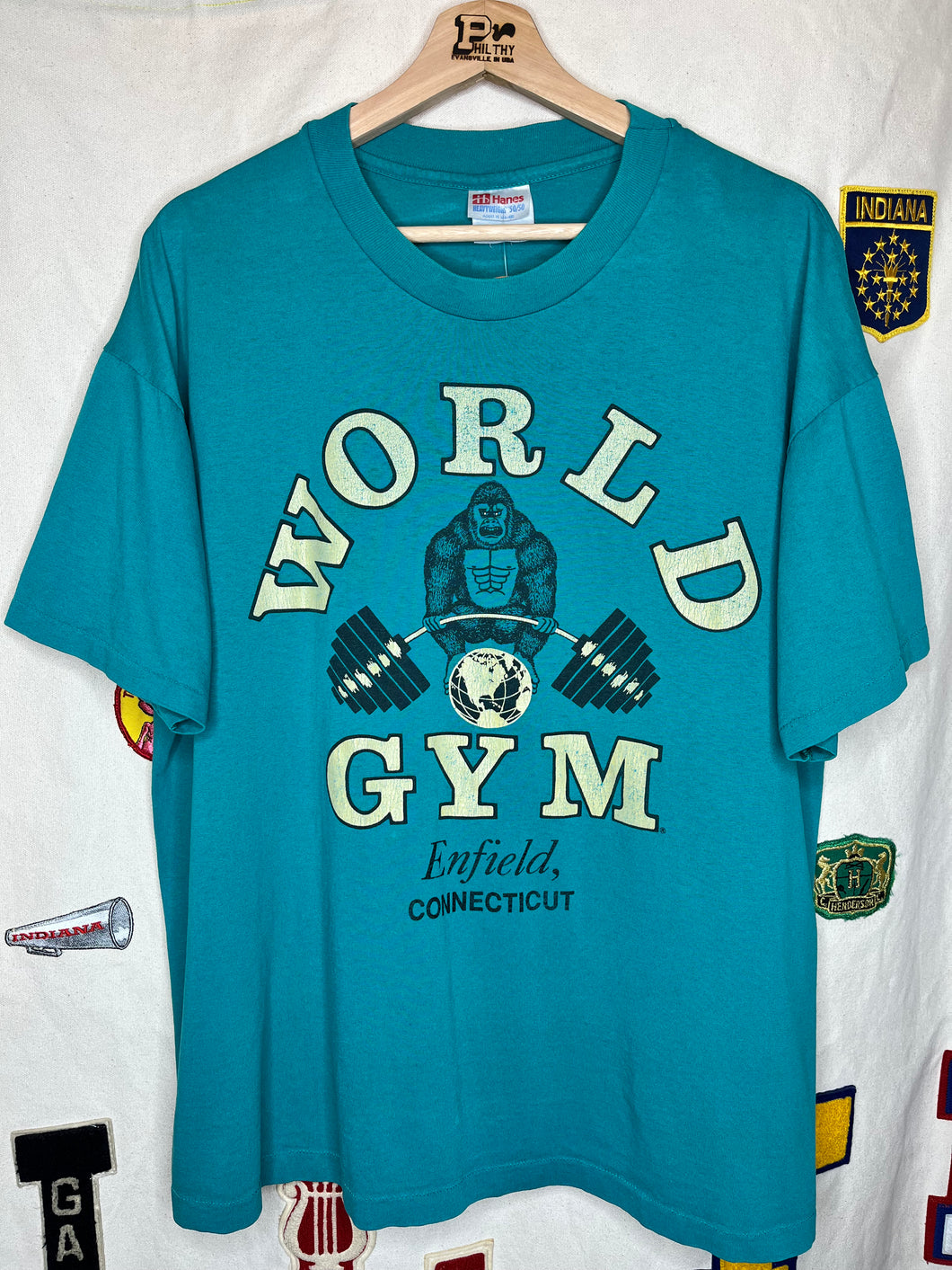 Vintage World Gym Lifting Ape Enfield Connecticut Teal T-Shirt: XL