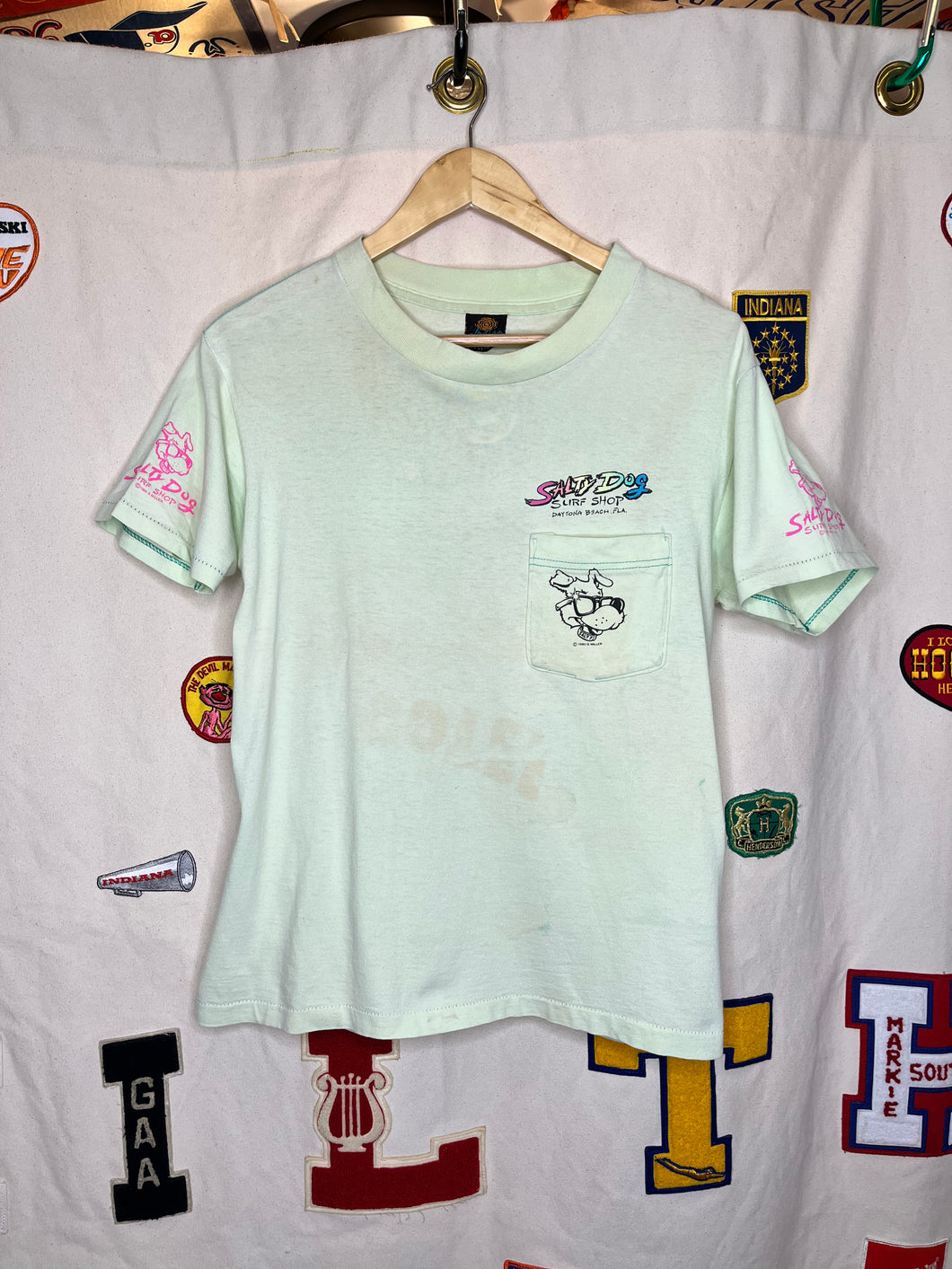 Vintage Salty Dog Surf Shop 80's Daytona Beach Florida Green Pocket T-Shirt: Medium