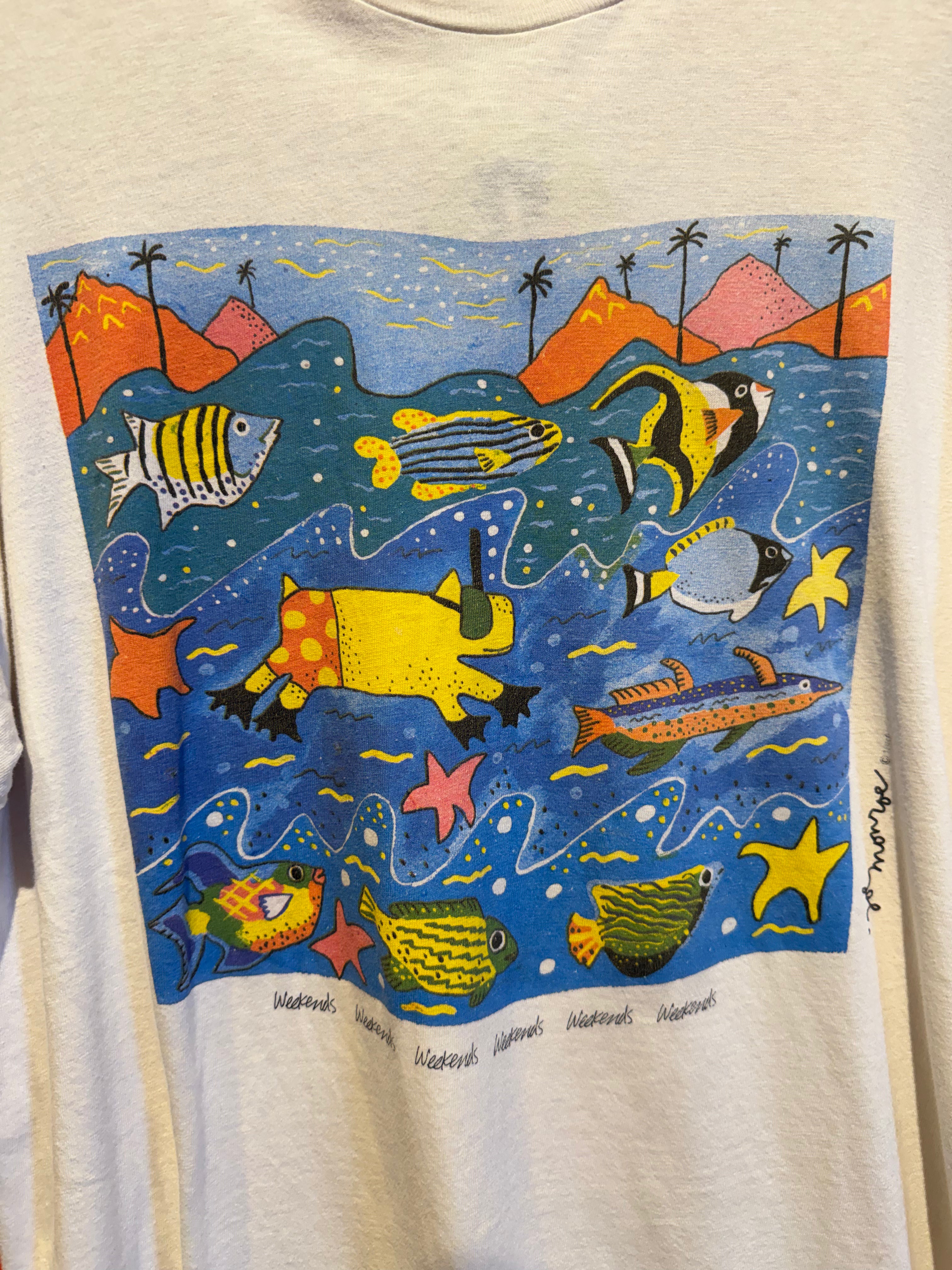 Vintage Weekends Joe Monroe 1988 Fish Abstract Art Tee: Large