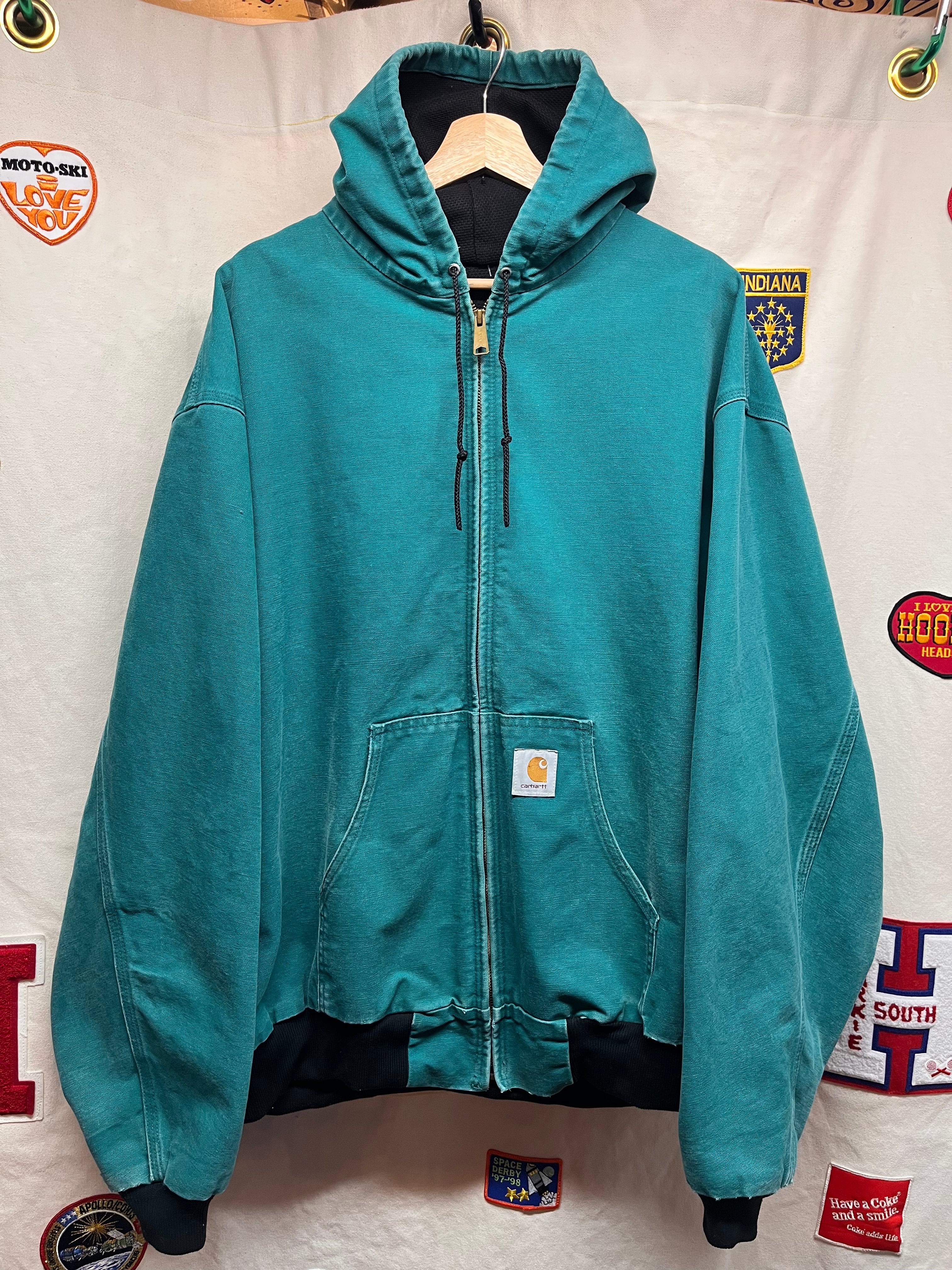 Vintage Carhartt Hooded Teal Zip-Up Thermal Lined Canvas Jacket: XXL