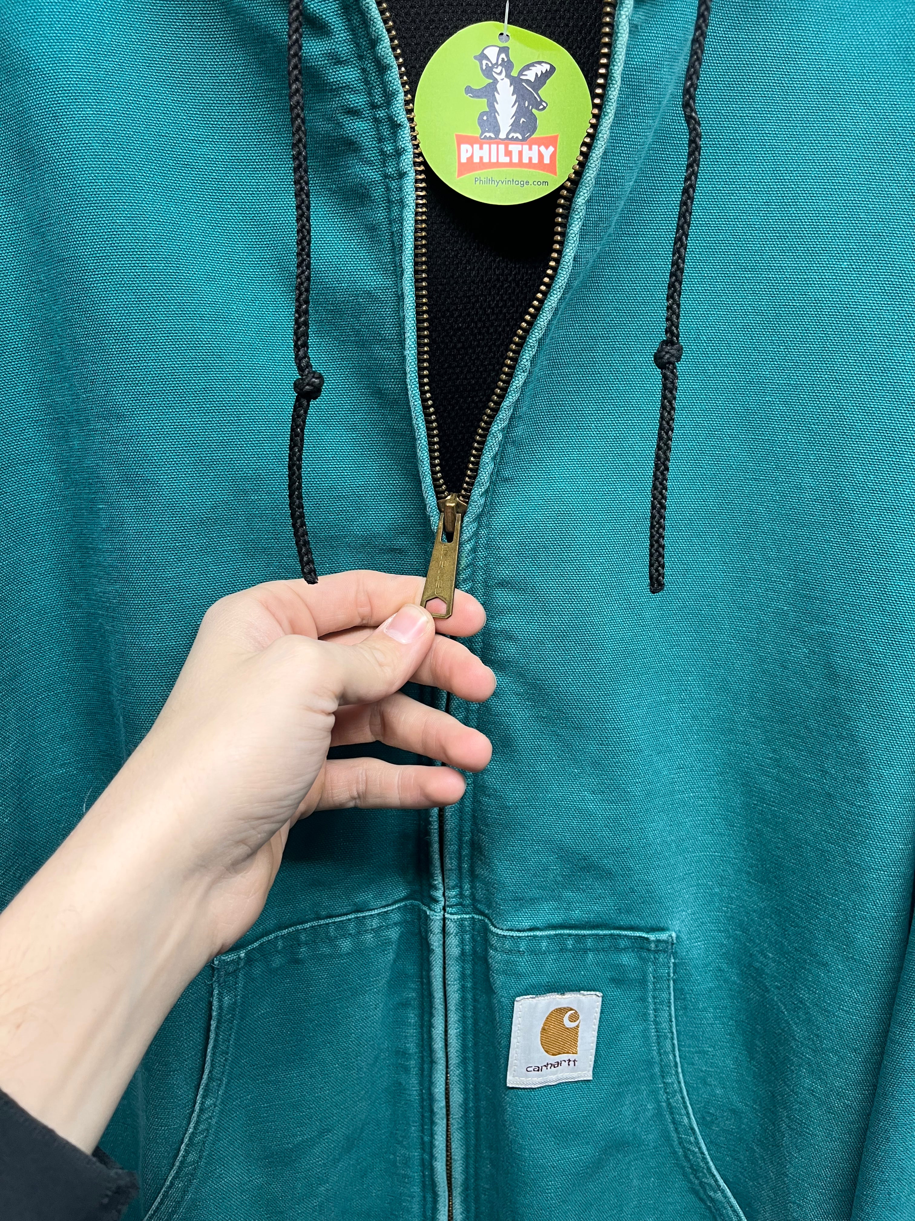 Vintage Carhartt Hooded Teal Zip-Up Thermal Lined Canvas Jacket: XXL