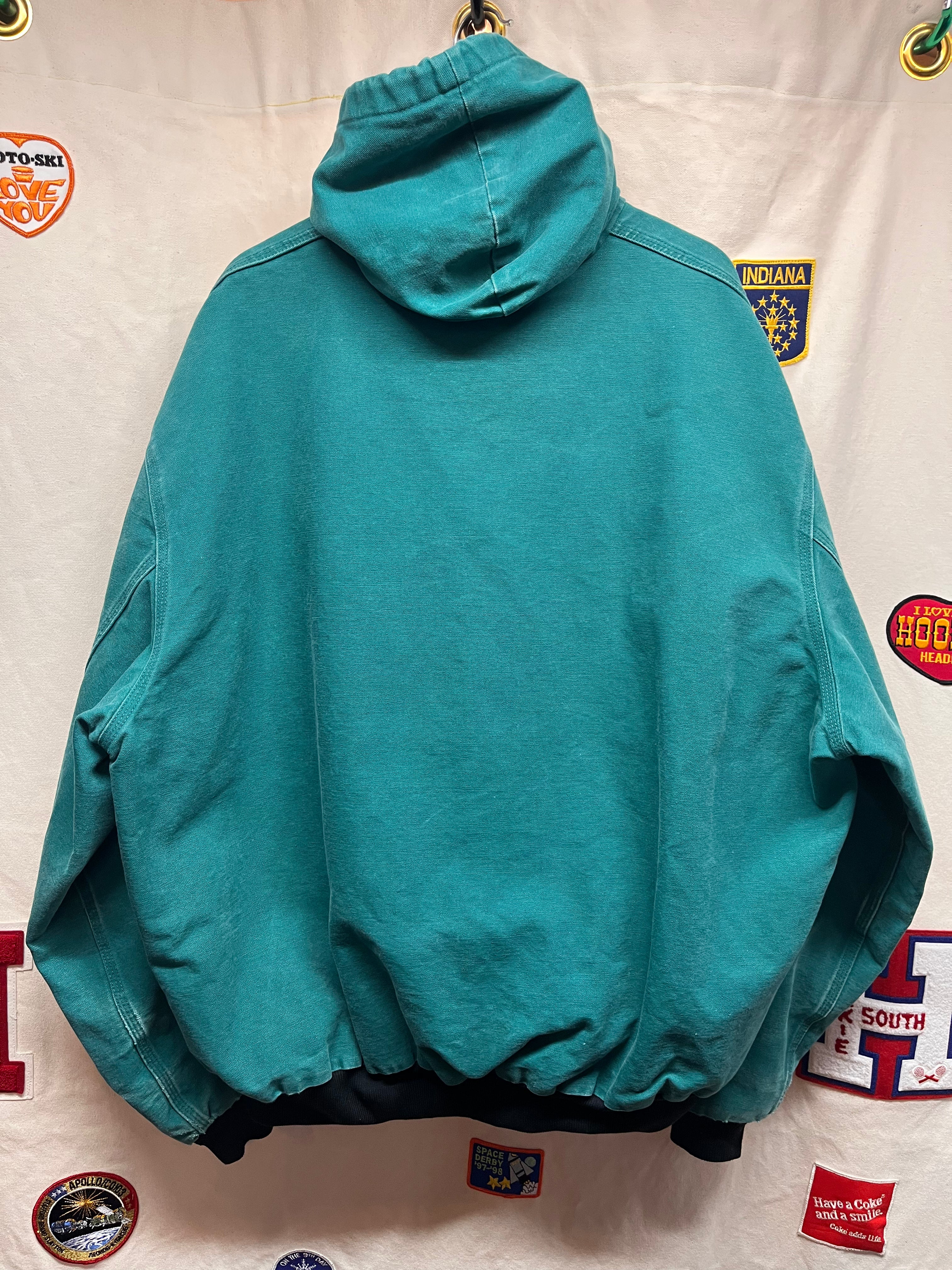 Vintage Carhartt Hooded Teal Zip-Up Thermal Lined Canvas Jacket: XXL