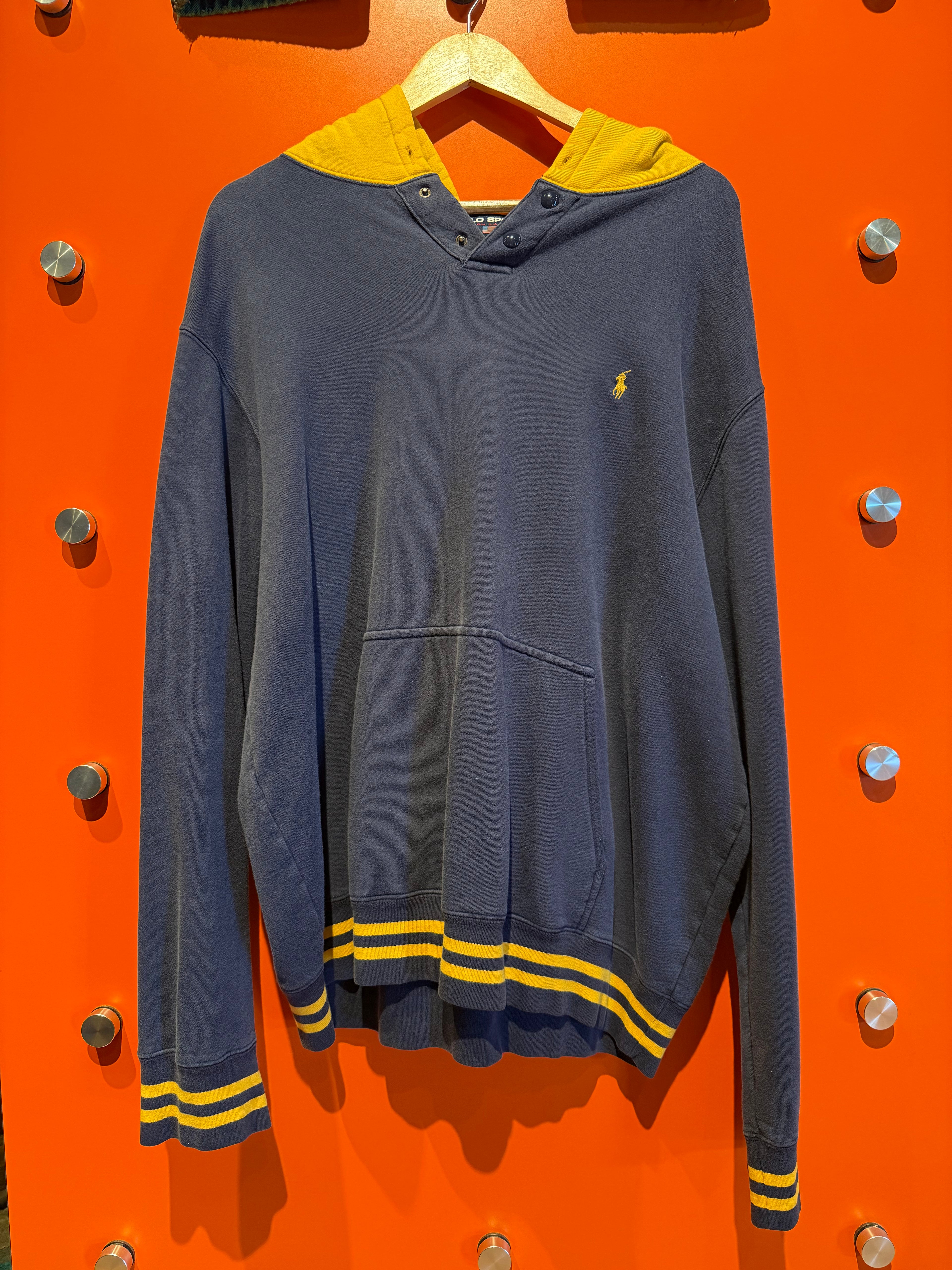Vintage Polo Sport Navy Yellow Hoodie Sweatshirt: XL