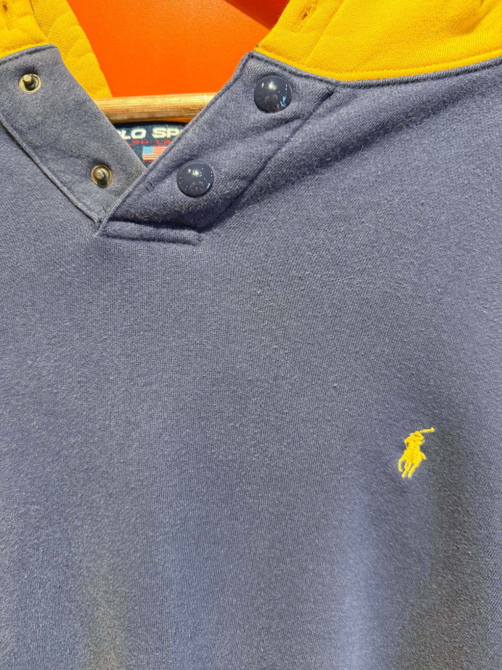 Vintage Polo Sport Navy Yellow Hoodie Sweatshirt: XL