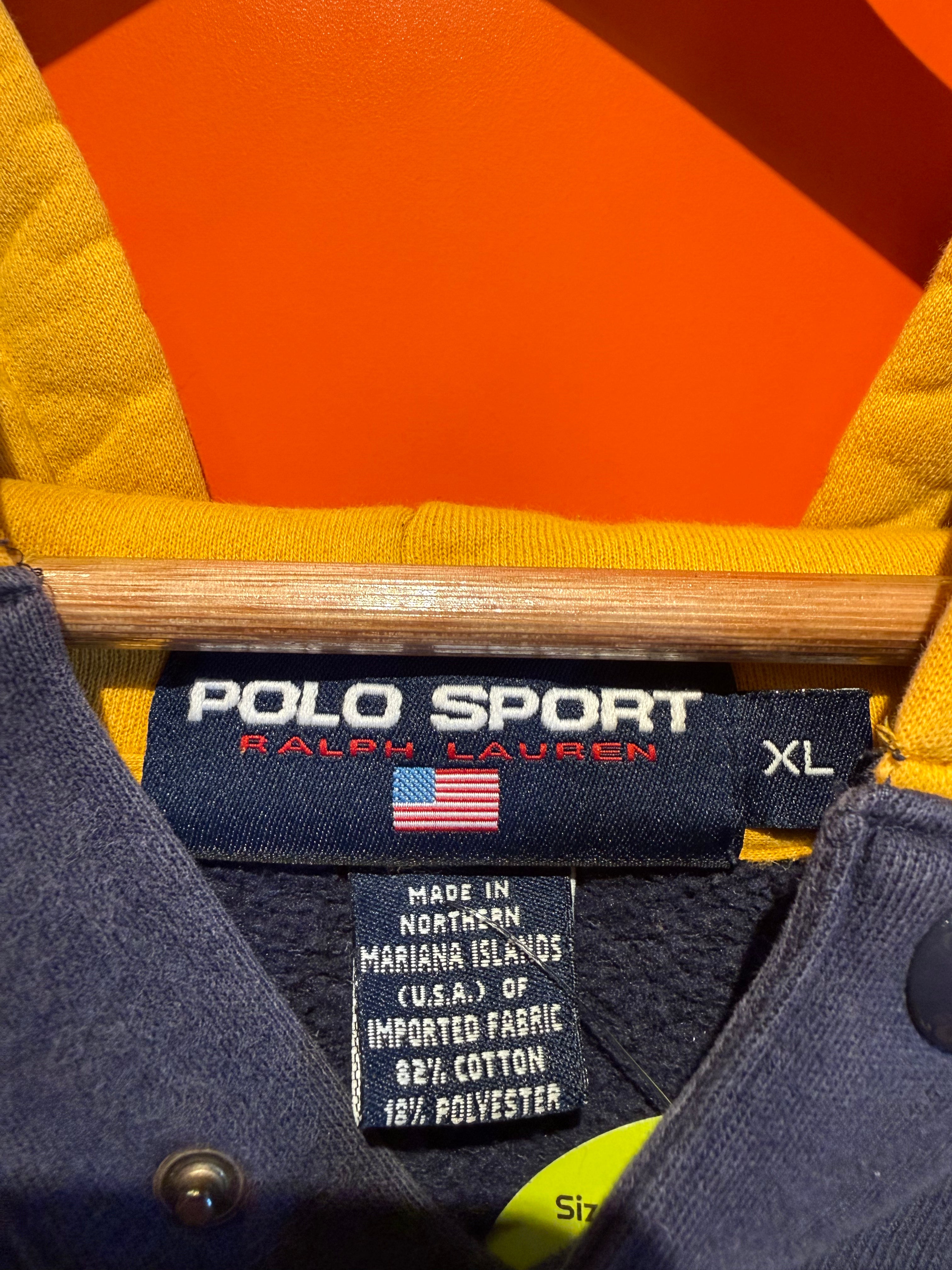 Vintage Polo Sport Navy Yellow Hoodie Sweatshirt: XL