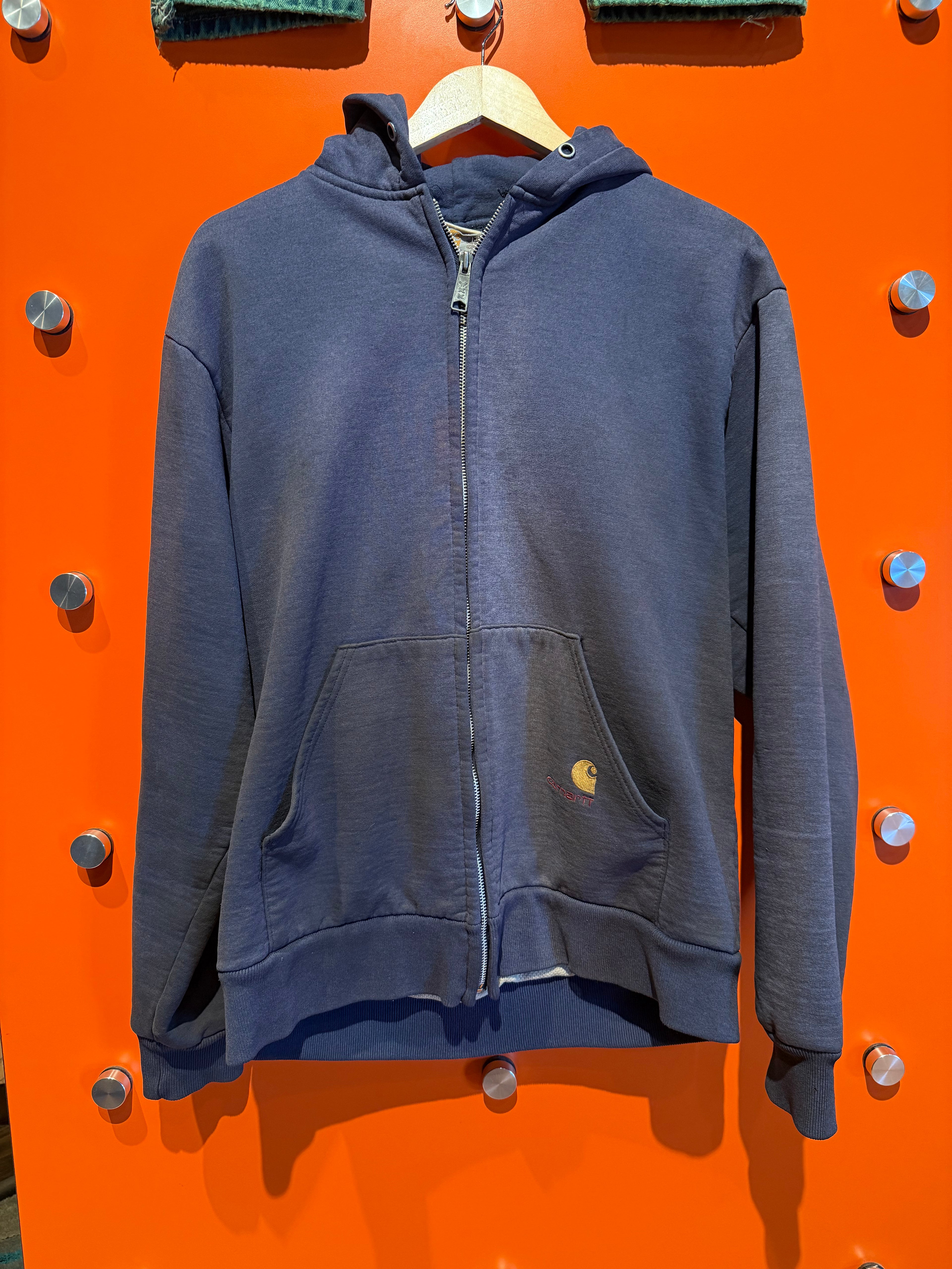 Vintage Carhartt Navy Blue Cotton Zip-Up Thermal Lined Sweatshirt Hoodie Jacket: Large