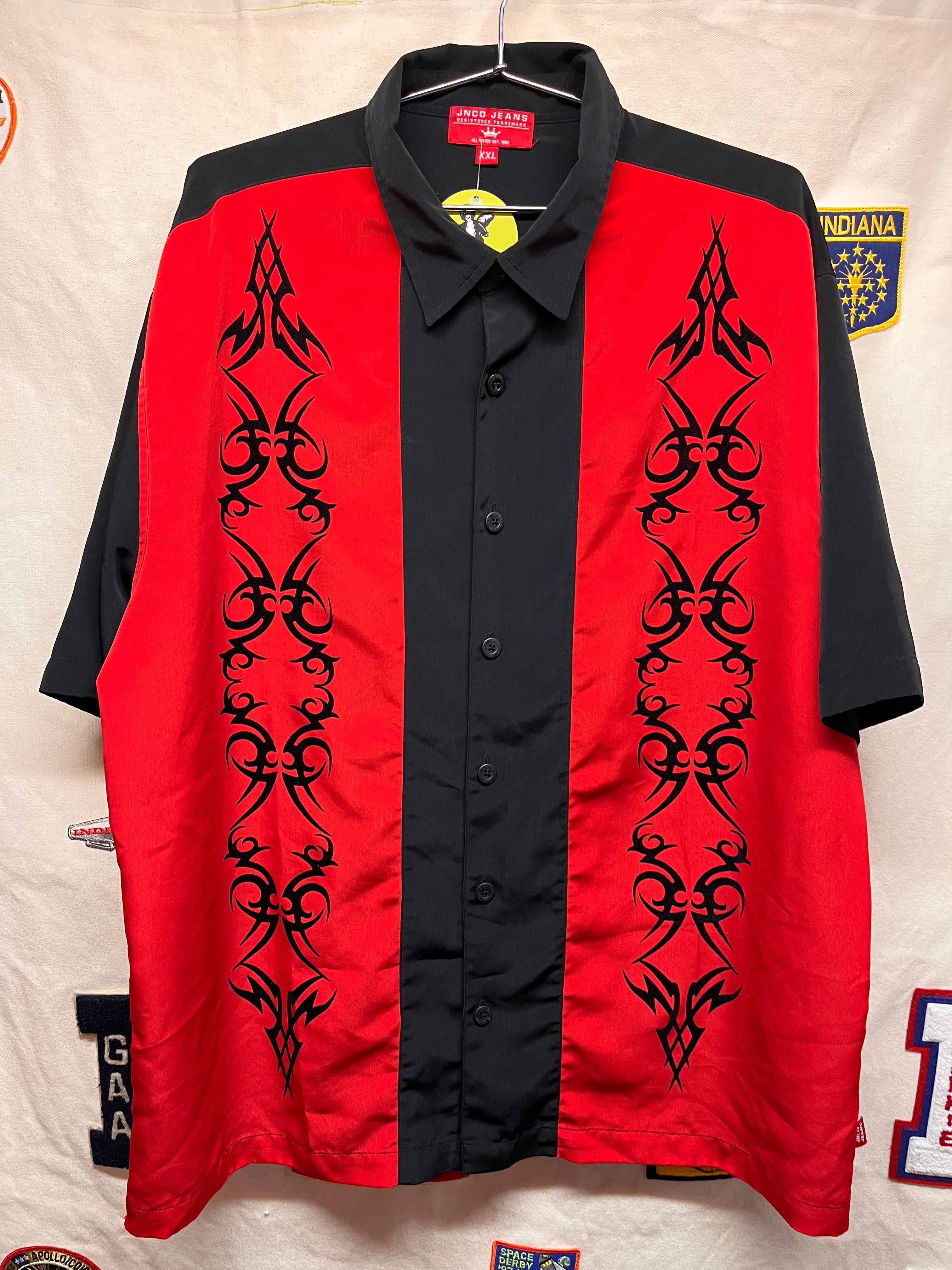 Vintage JNCO Jeans Tribal Print Flocked Red Y2K Bowling Shirt: XXL