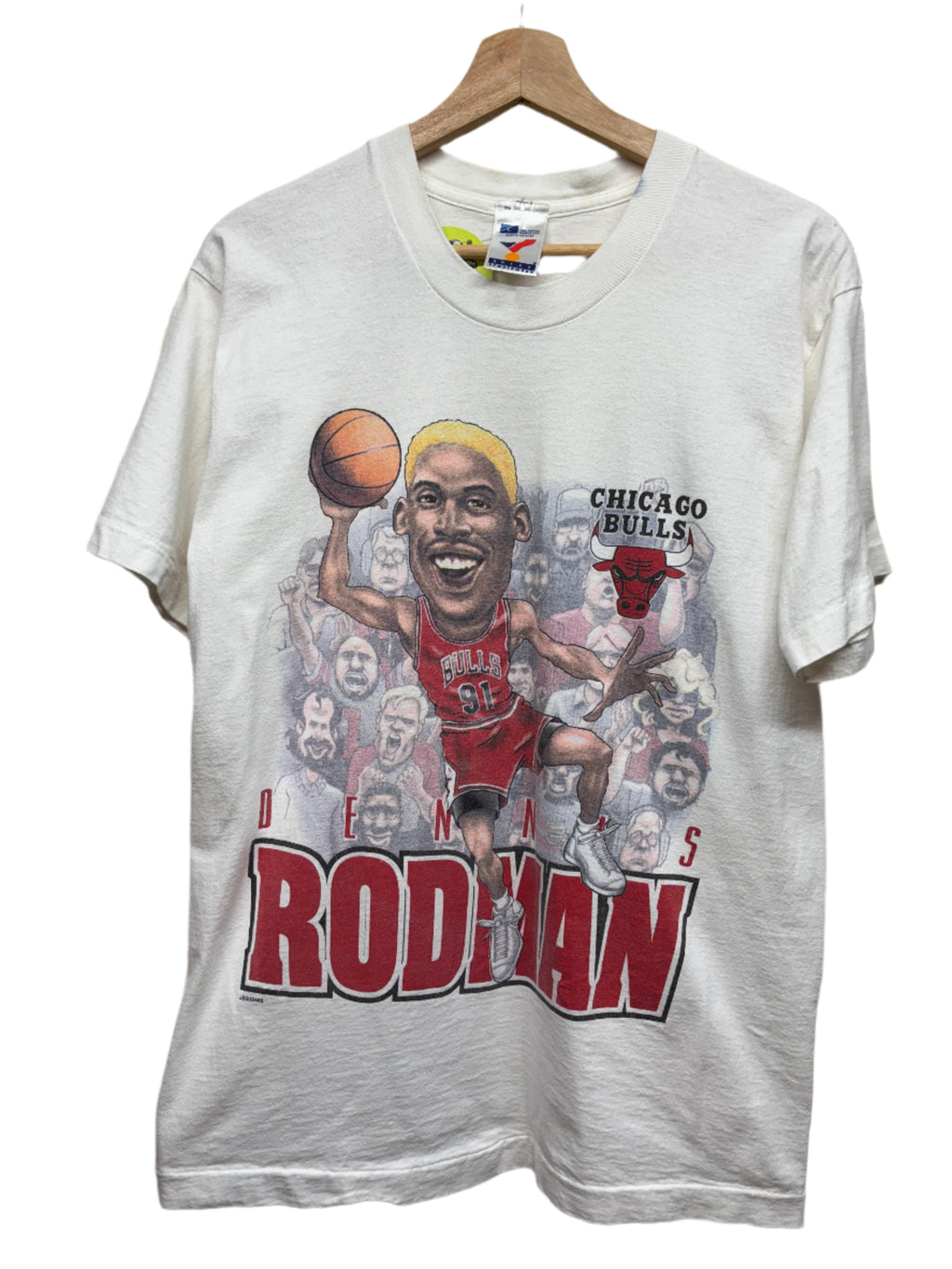 Vintage Dennis Rodman Caricature Chicago Bulls 90's White T-Shirt: Large